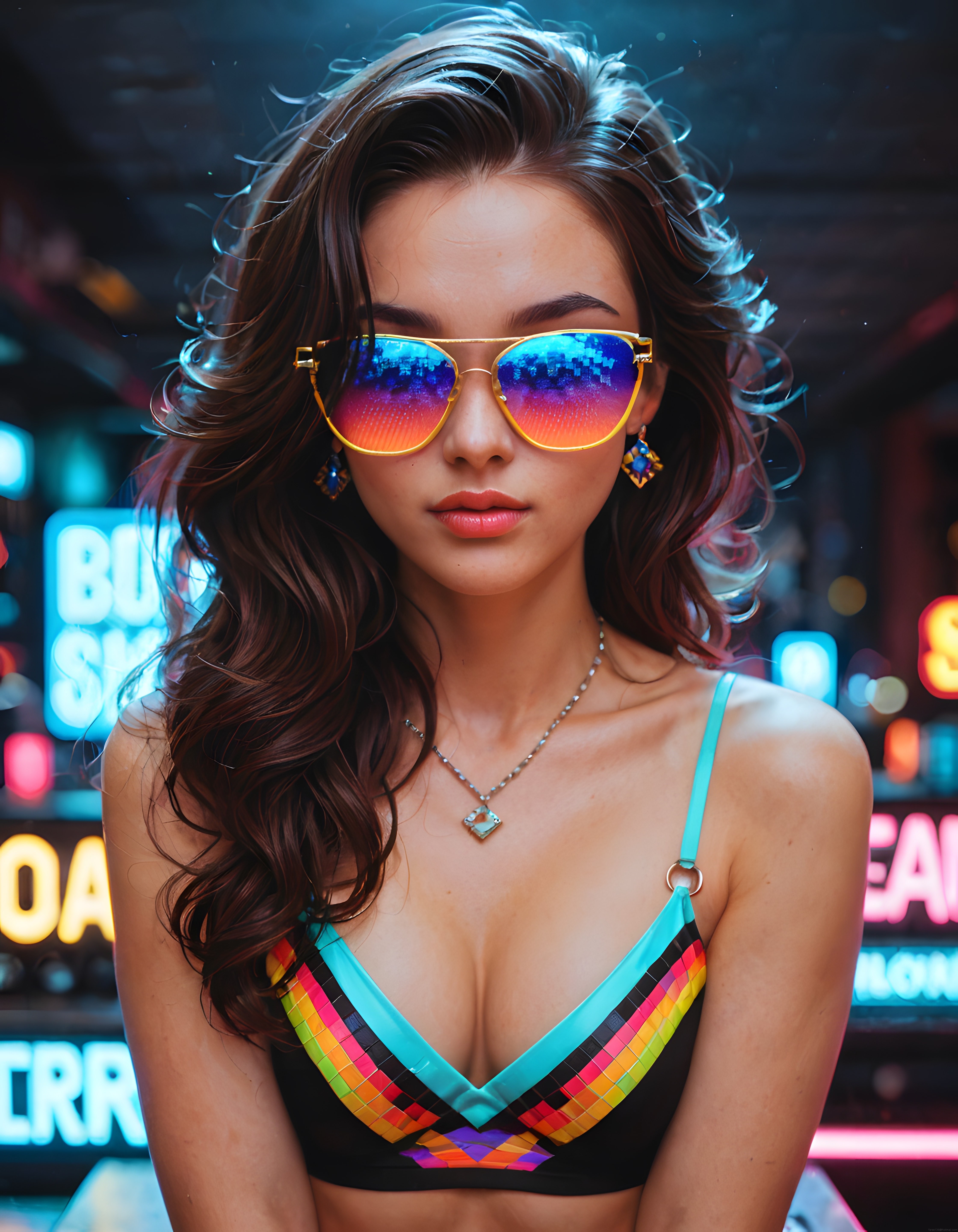 Neon Işıklar Altında Gökkuşağı Bikini ve Aynalı Gözlükle Dijital Sanat Portresi