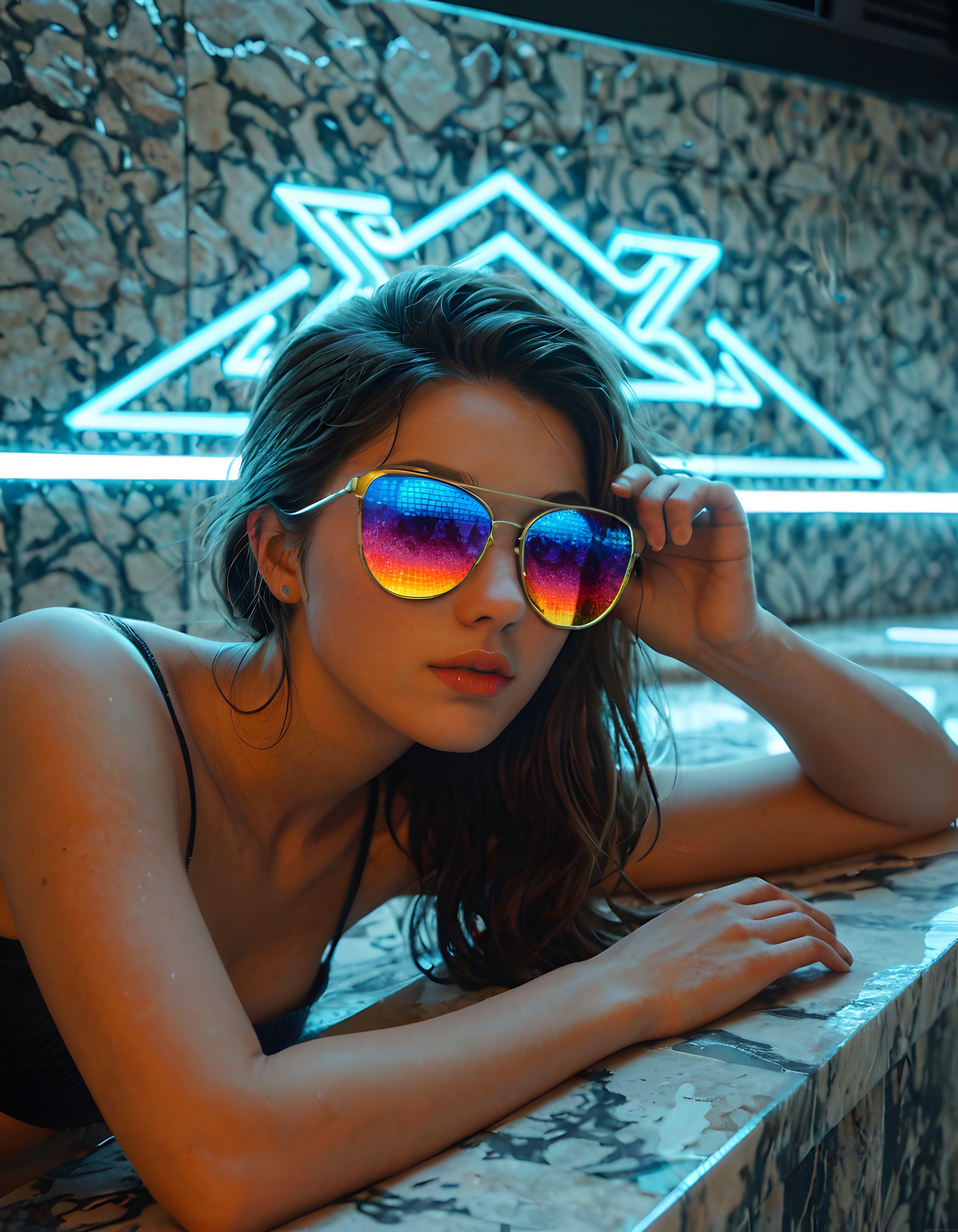 Neon Işıklar Altında Havuz Başında Gizemli ve Şık Kadın Portresi