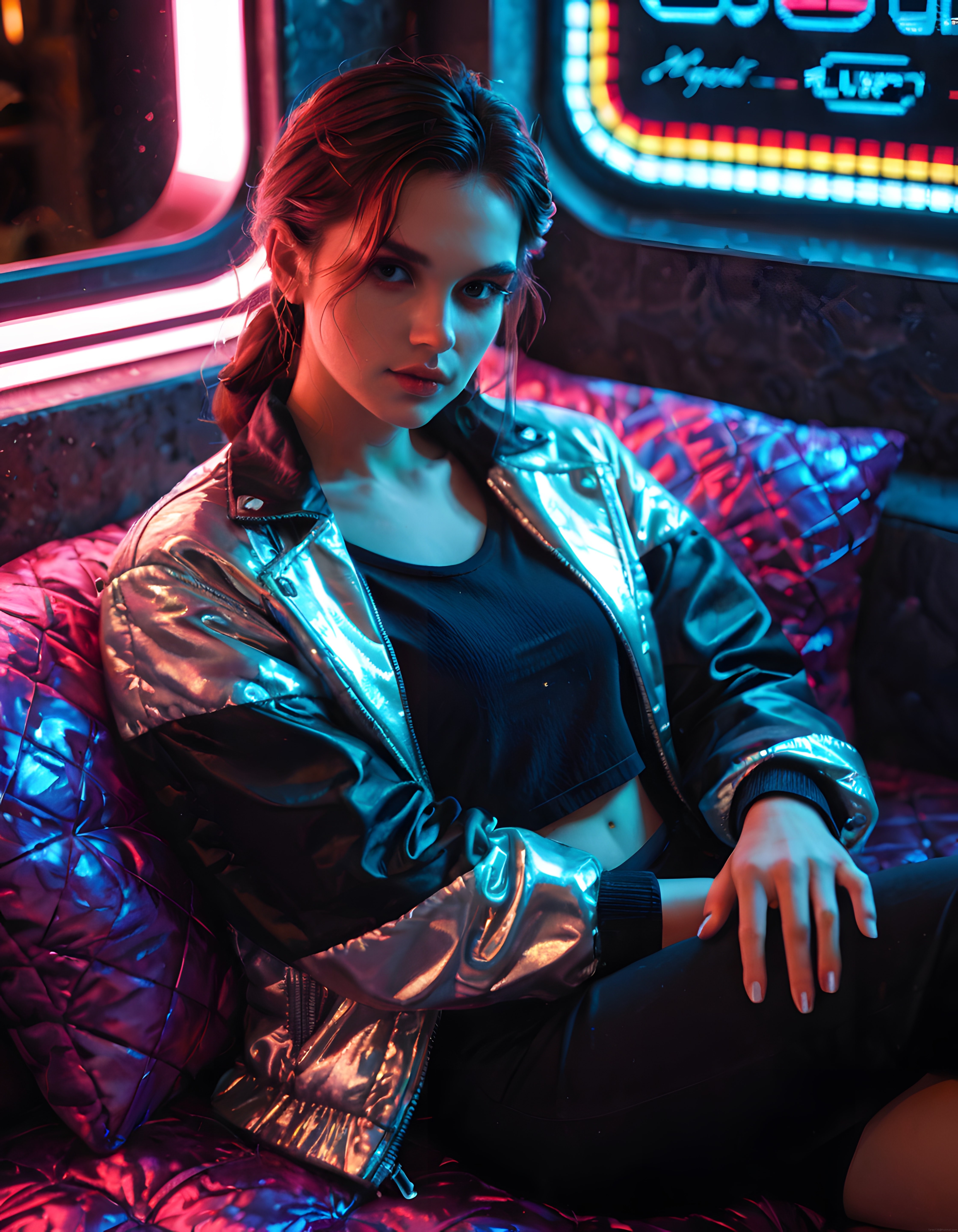 Neon Işıklar Altında Metalik Ceketli Genç Kadın ve Cyberpunk Atmosfer