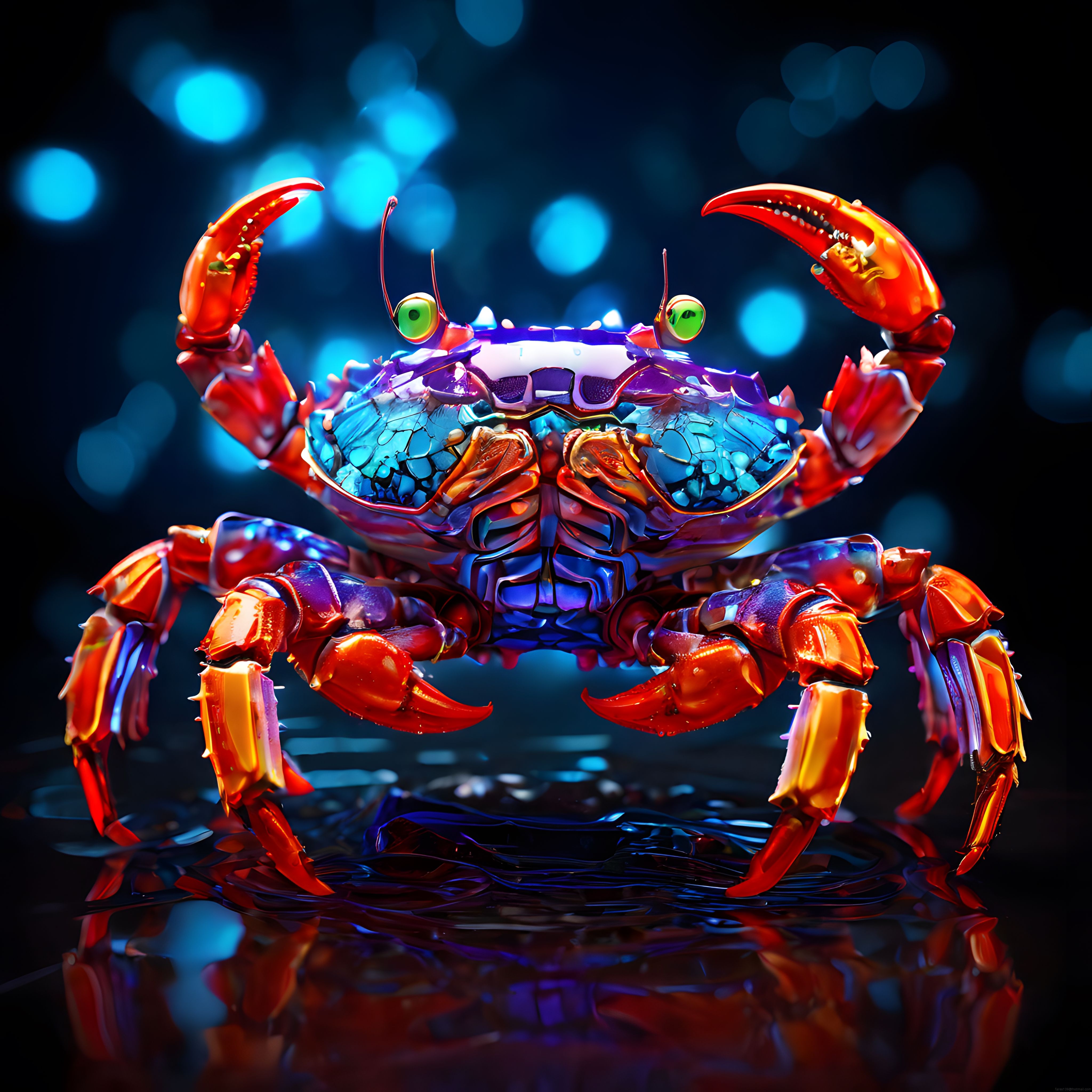 Neon Işıklar Altında Parlak Renkli Dijital Yengeç ve 3D Sanat Çalışması
