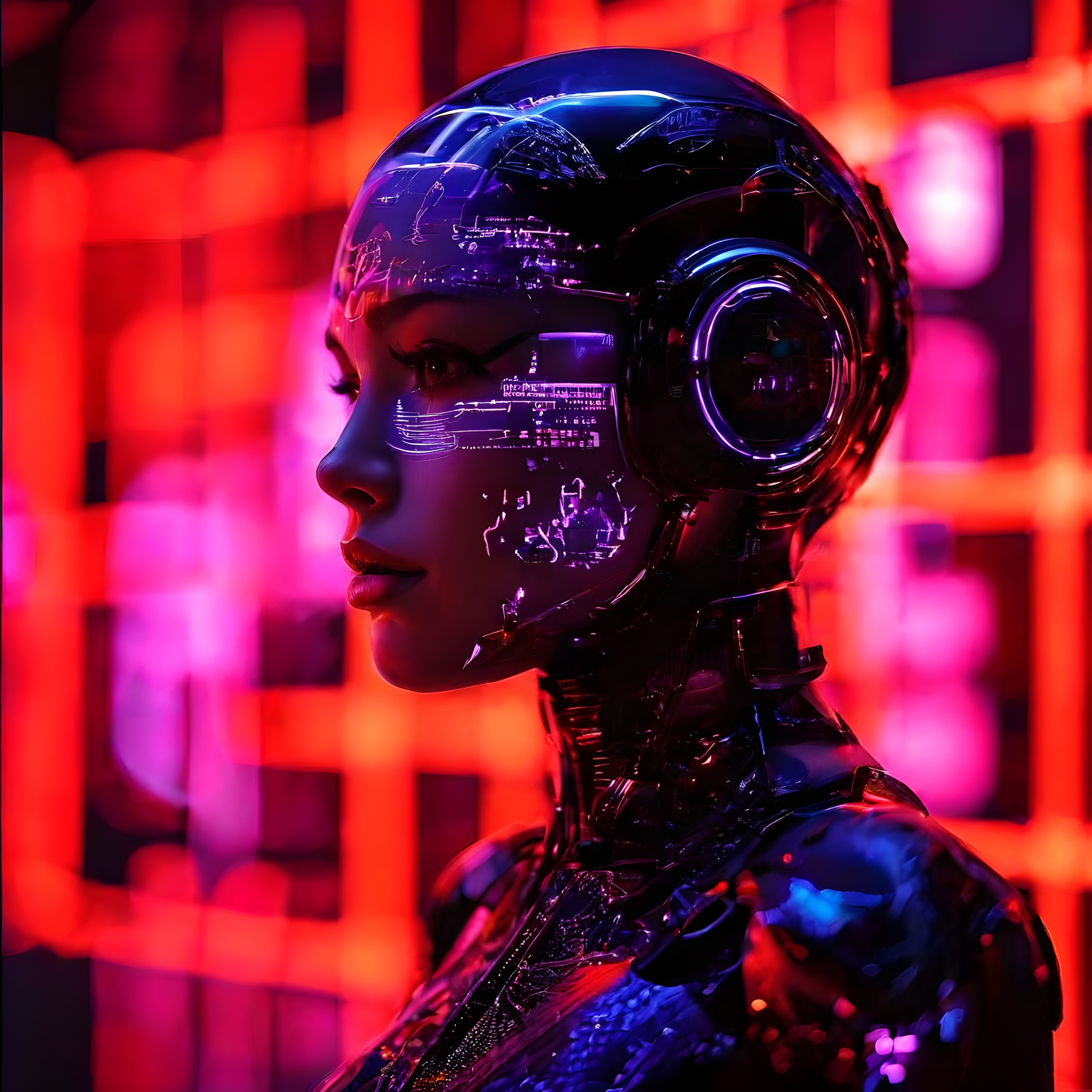 Neon Işıklar Altında Parlayan Geleceğin Yapay Zeka İnsansı Robot Portresi