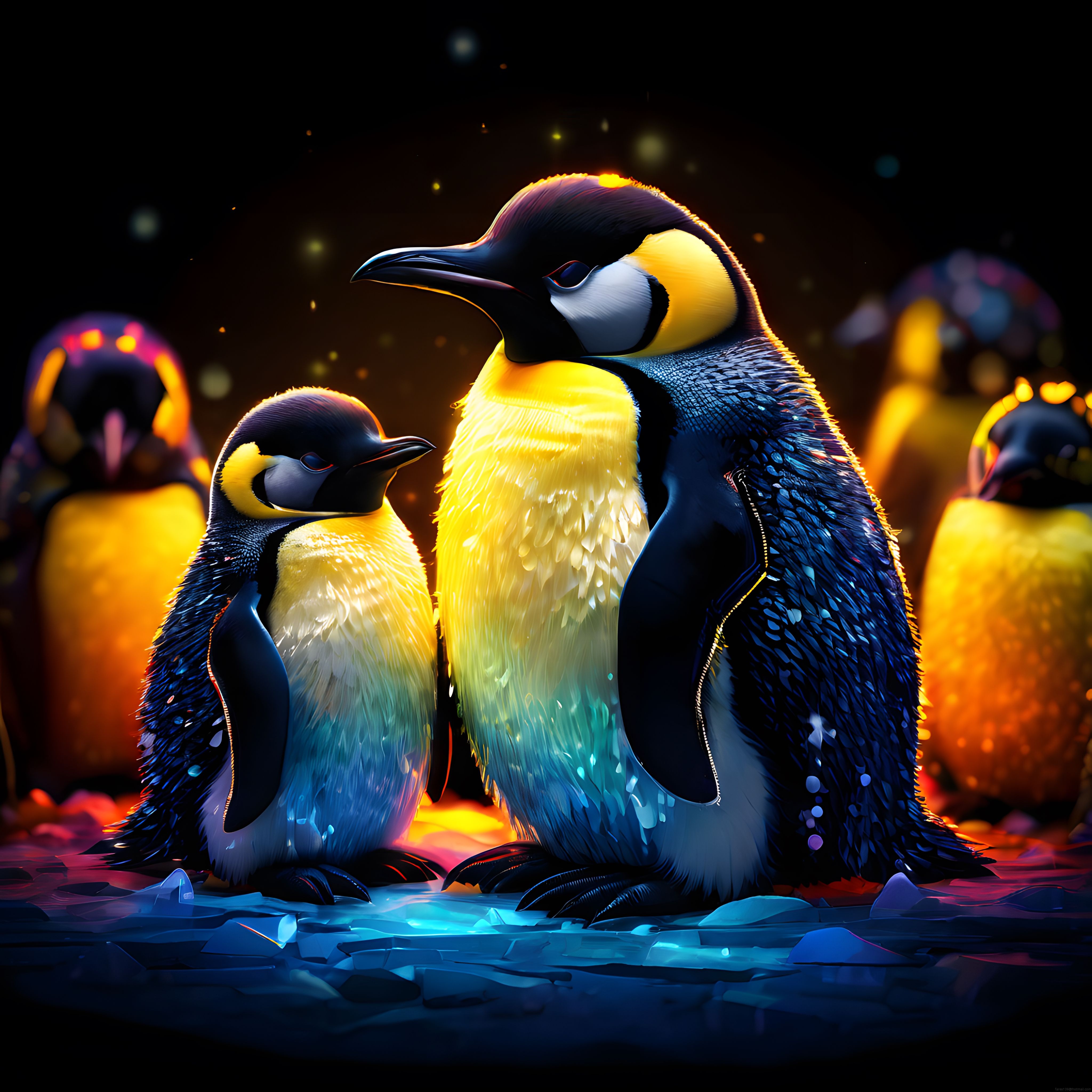 Neon Işıklar Altında Parlayan İmparator Penguenleri Dijital Sanat Eseri