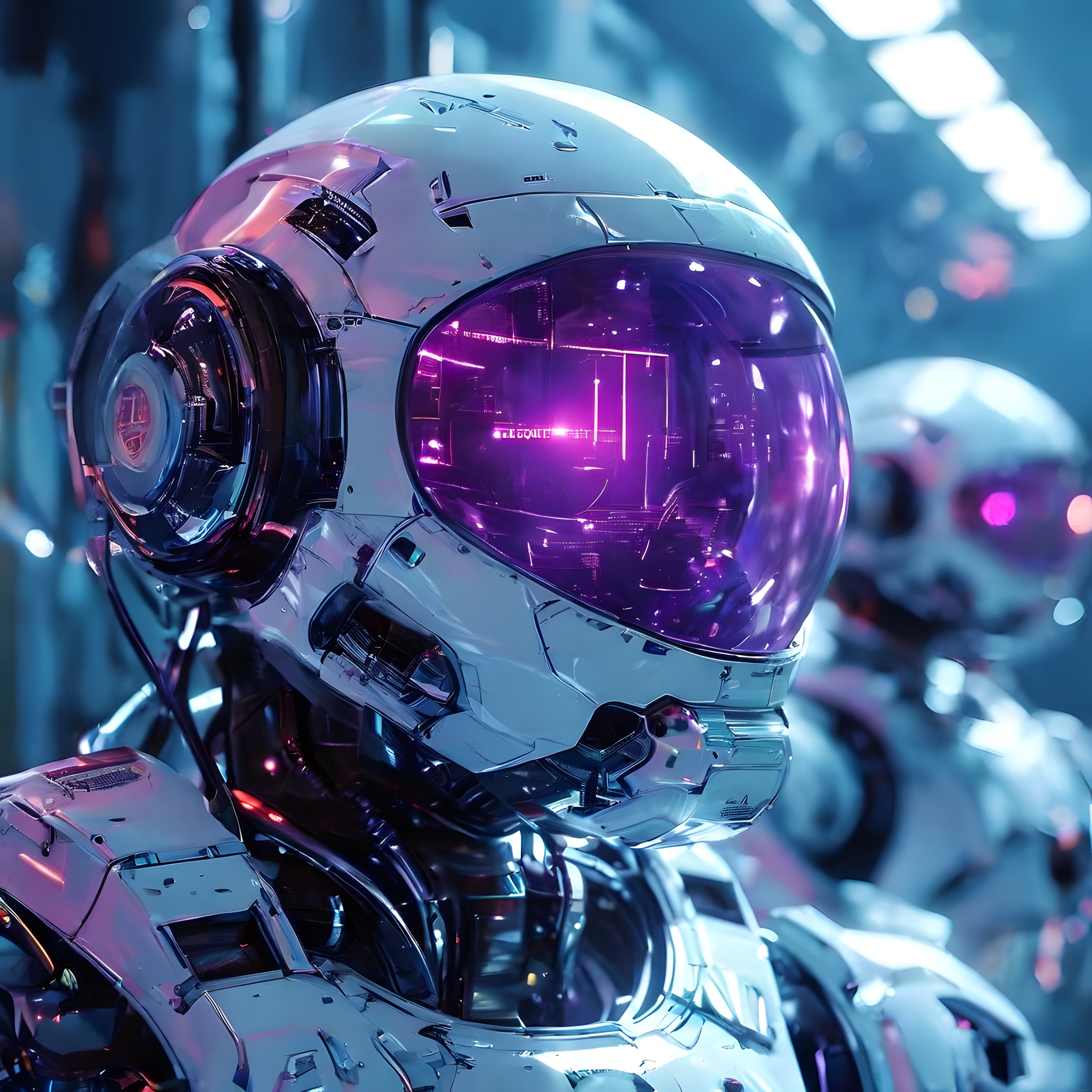 Neon Işıklar Altında Parlayan Mor Vizörlü İnsansı Robot Portresi
