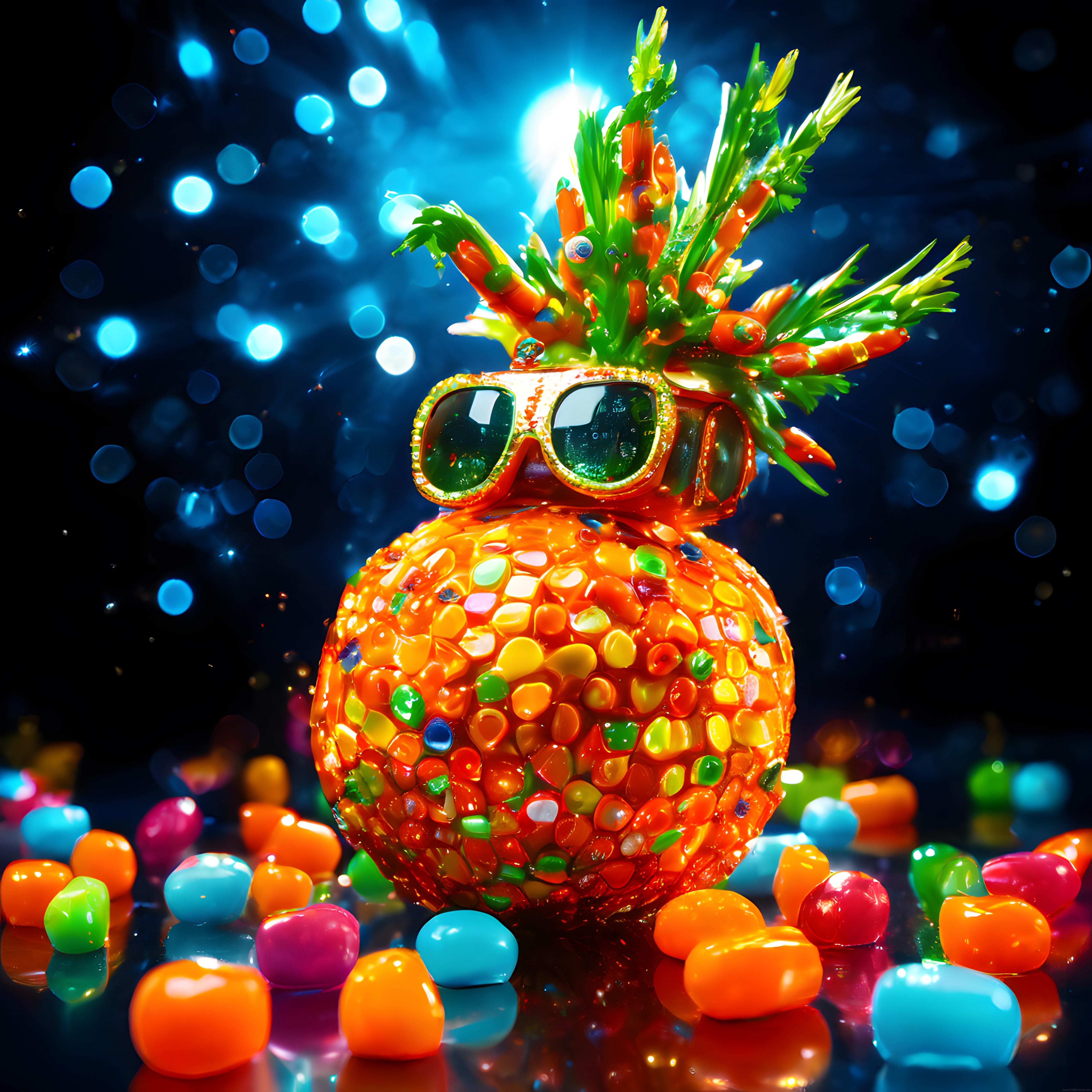 Neon Işıklar Altında Renkli Şekerlerden Oluşan Gözlüklü Ananas