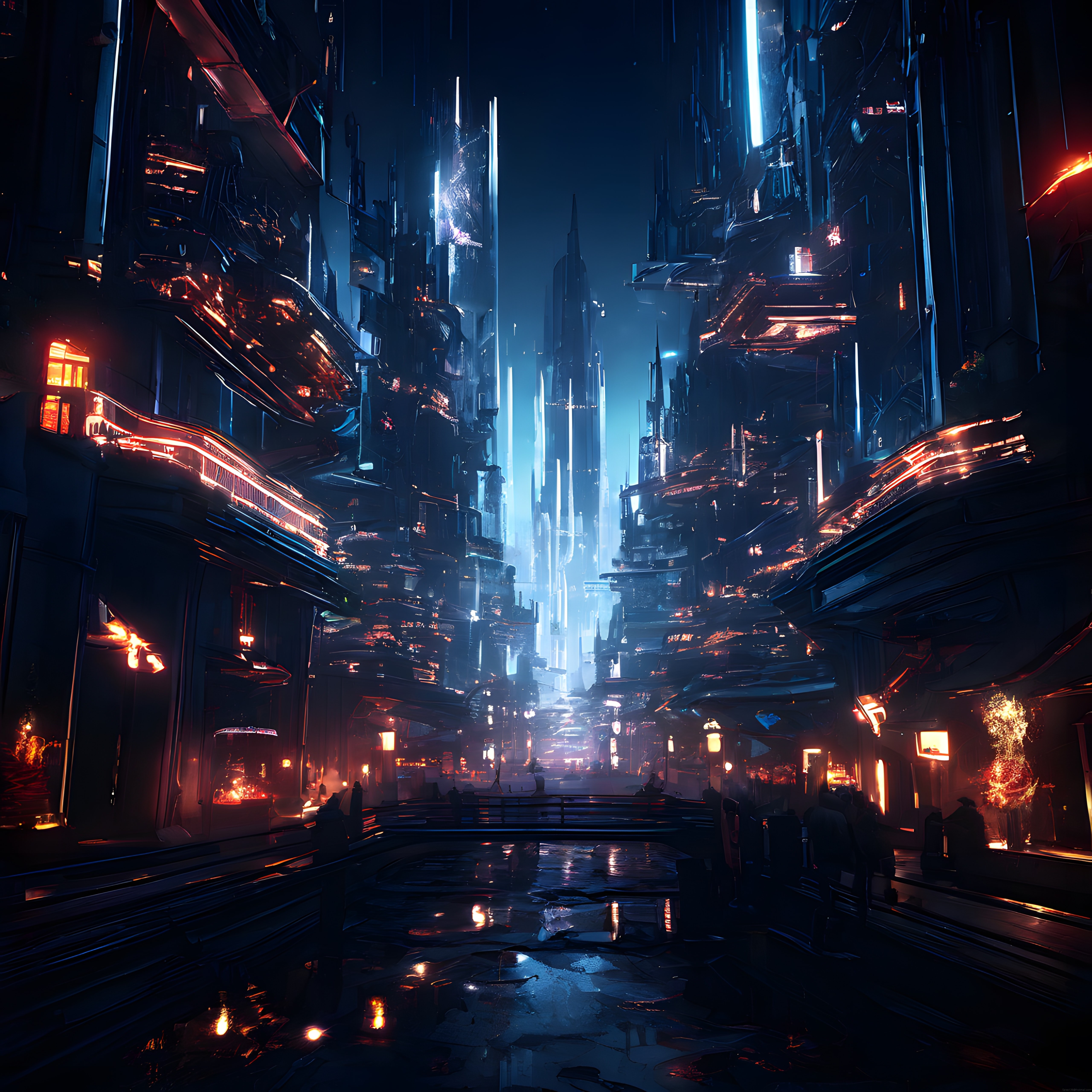 Neon ışıklar altındaki geleceğin cyberpunk metropolü ve karanlık sokakları