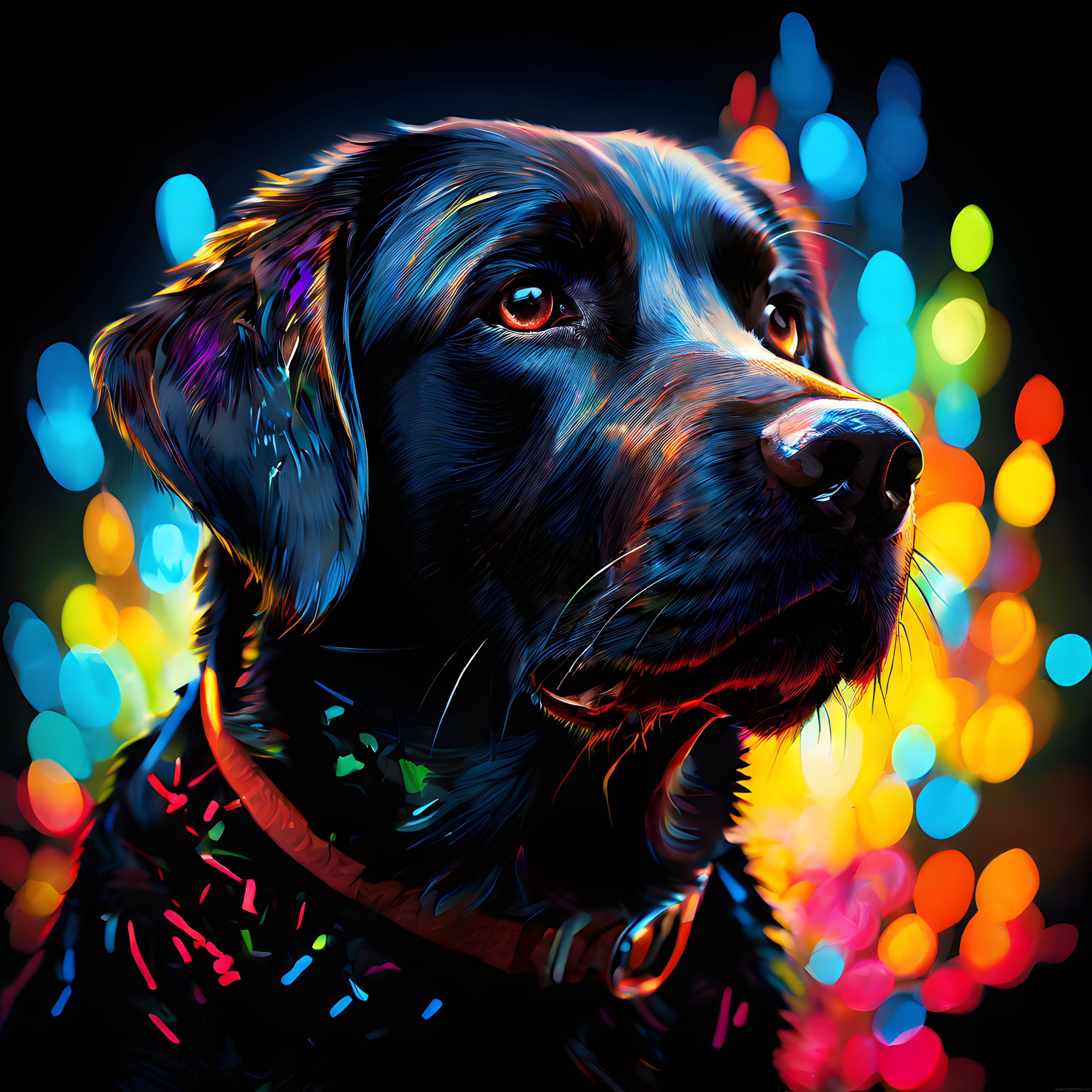 Neon Işıklar Arasında Dijital Sanat Köpek Portresi ve Renkli Bokeh Arka Plan