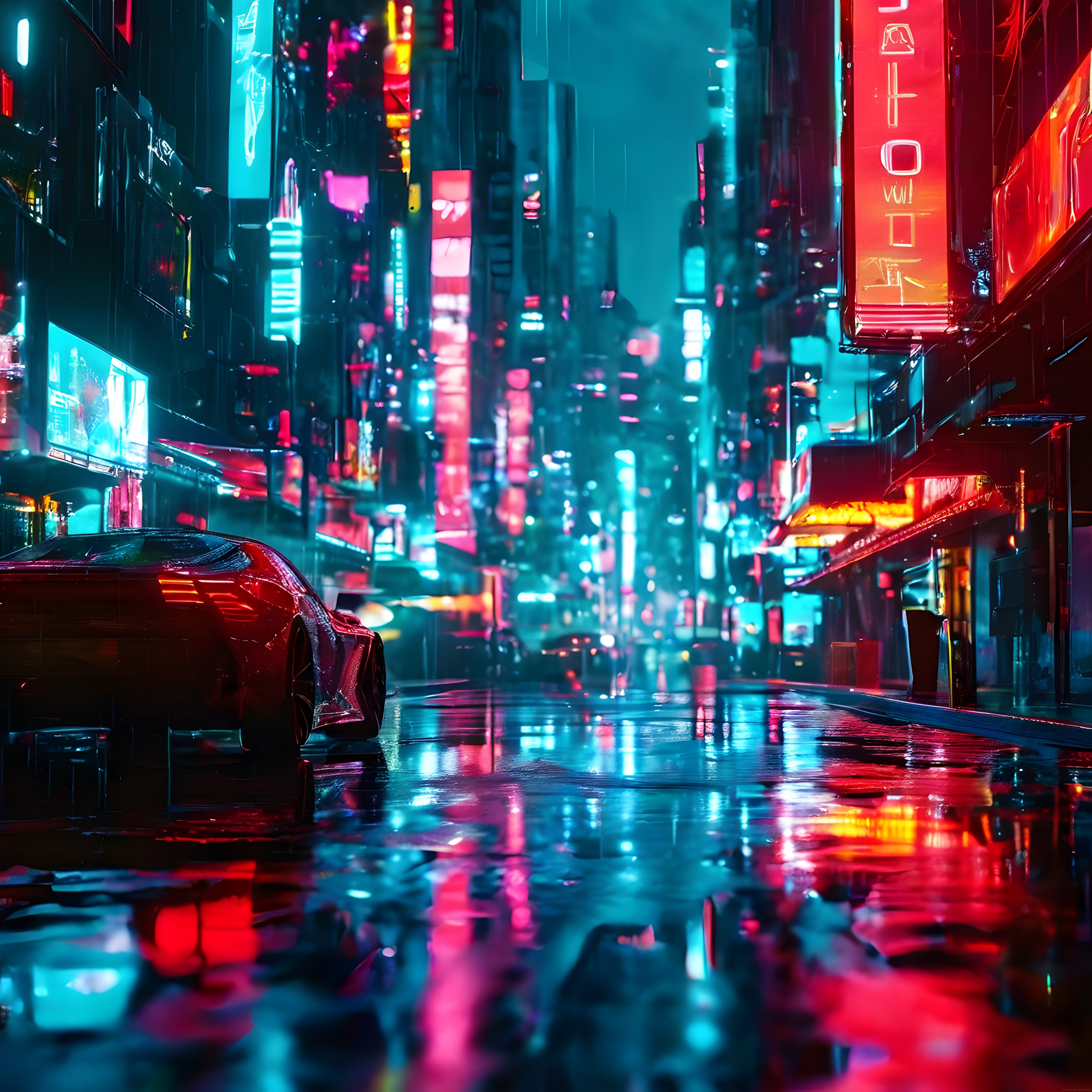 Neon Işıklar ve Yağmur Altında Parıldayan Gelecekçi Cyberpunk Şehir Manzarası