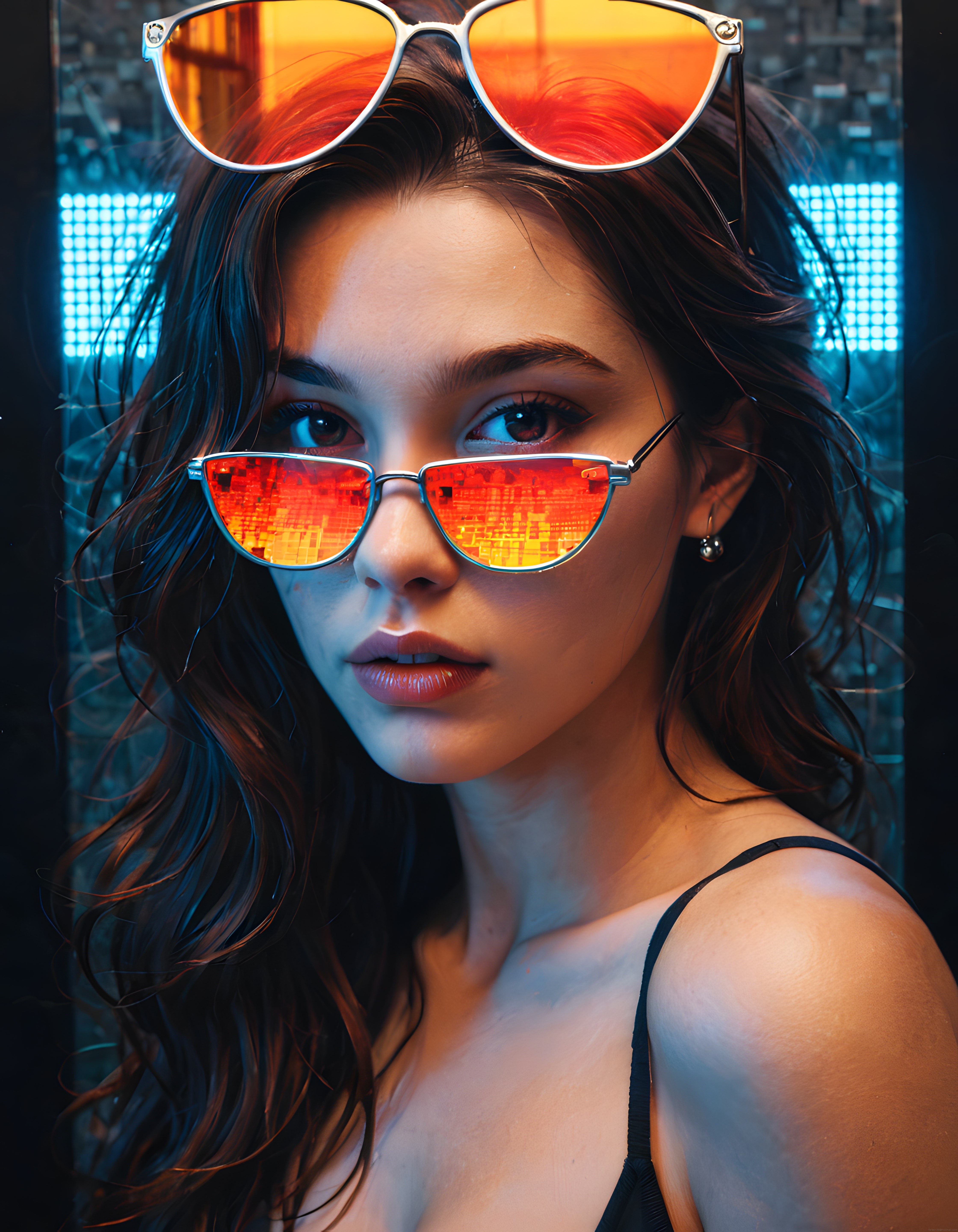 Neon Işıklarda Çift Güneş Gözlüklü Cyberpunk Stili Genç Kadın Portresi