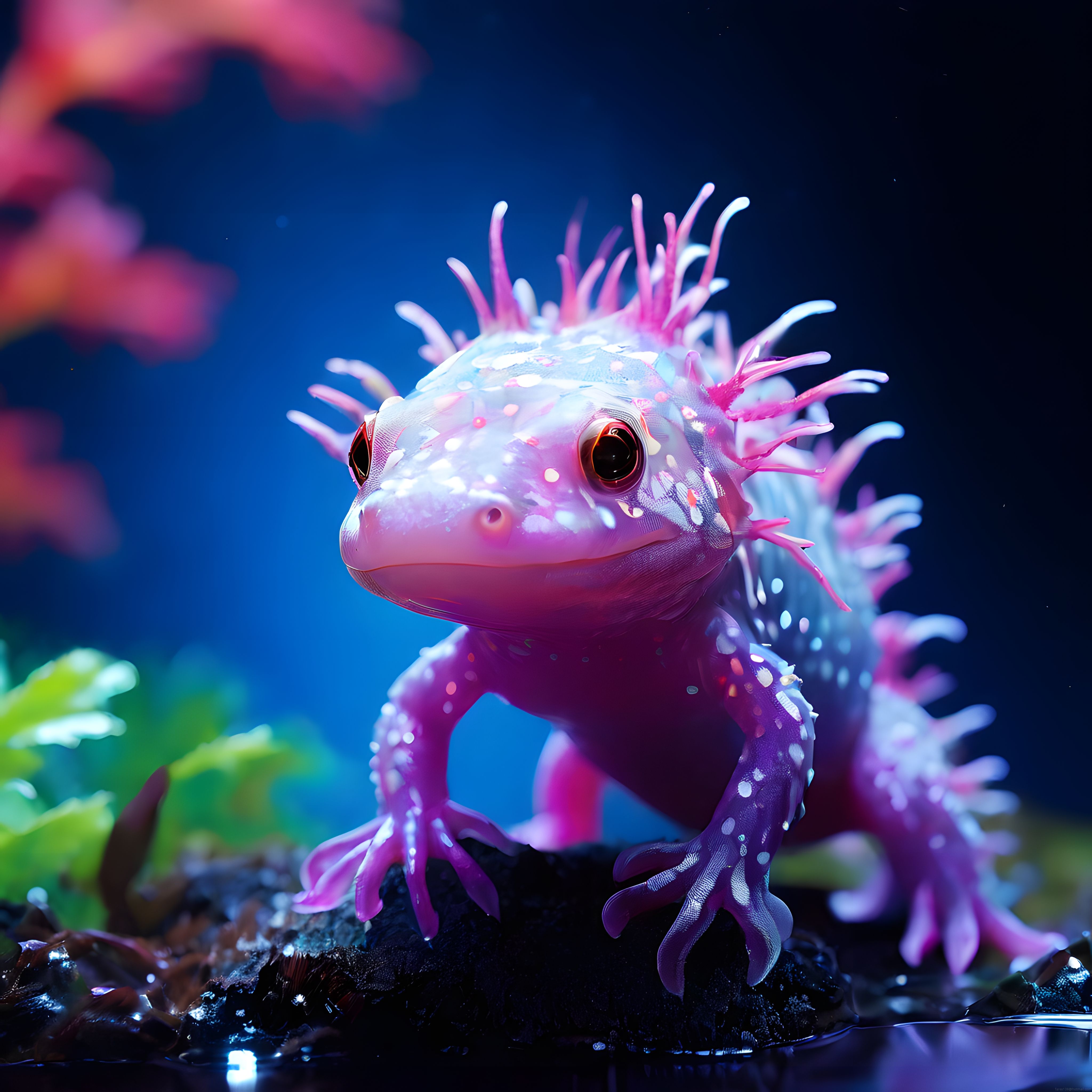 Neon Işıklarda Gülümseyen Pembe Axolotl ve Masalsı Sulu Ortam