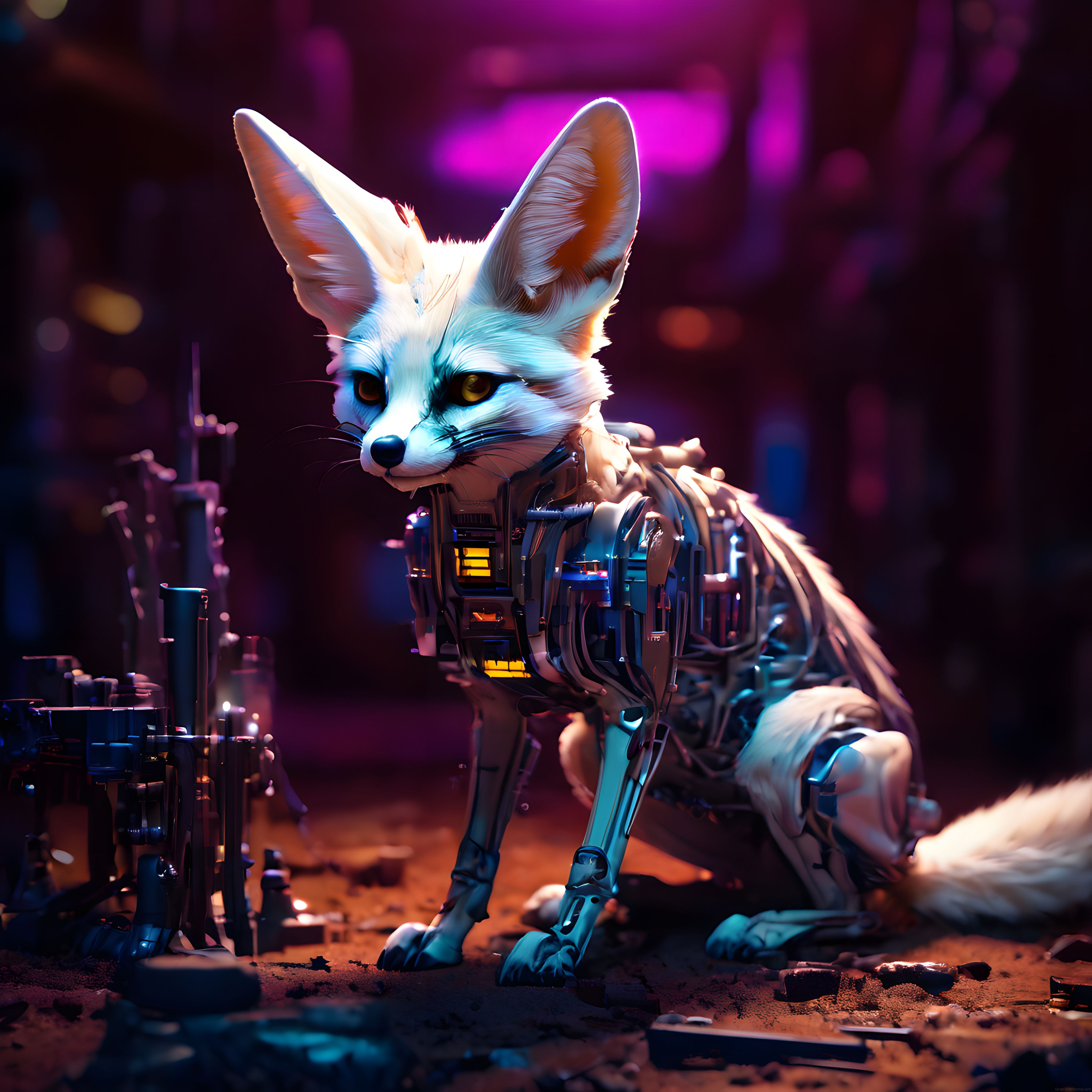 Neon Işıklarda Mekanik Fennec Tilkisi Geleceğin Cyberpunk Tasarımı