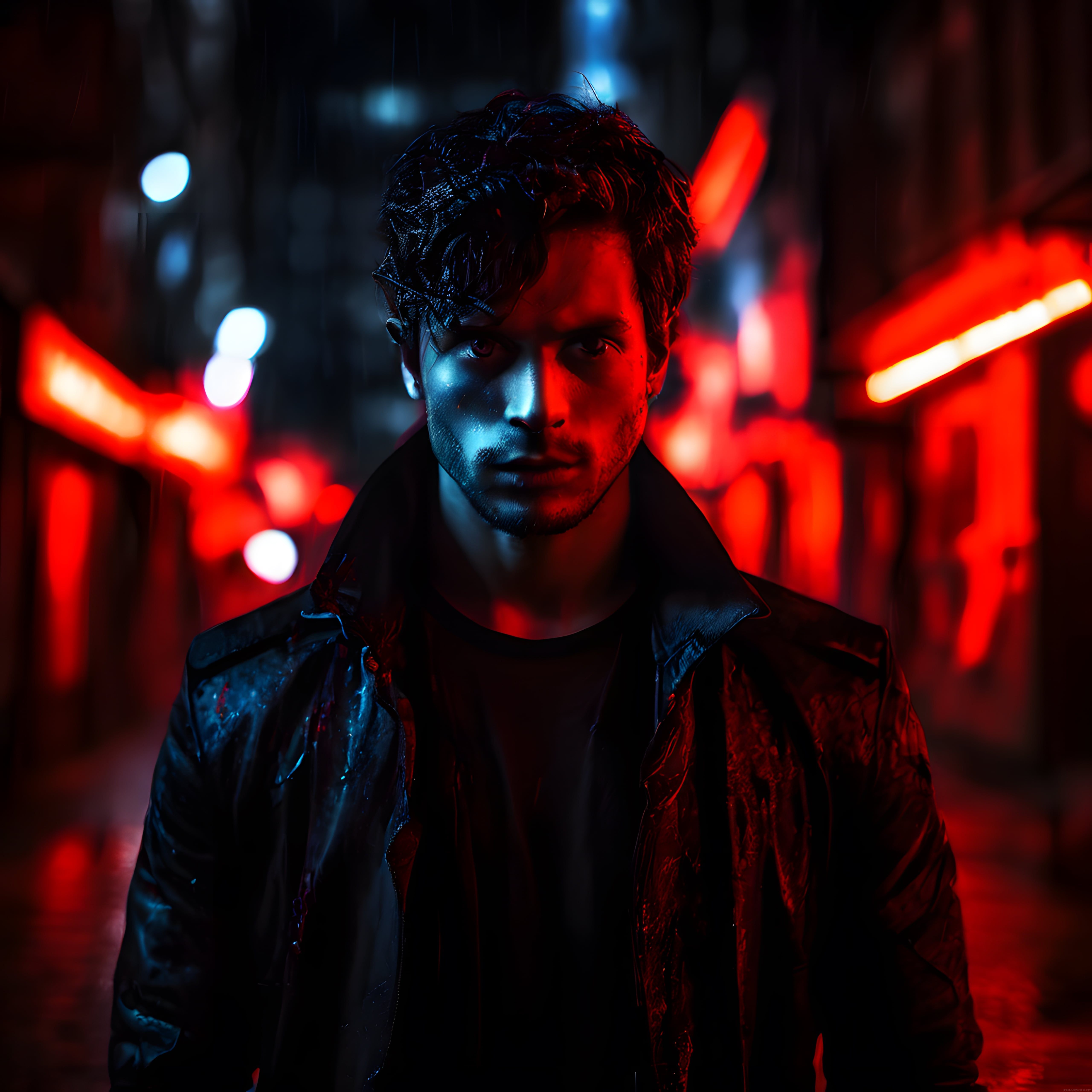Neon ışıkları altında yağmurlu gecede deri ceketli gizemli adam portresi