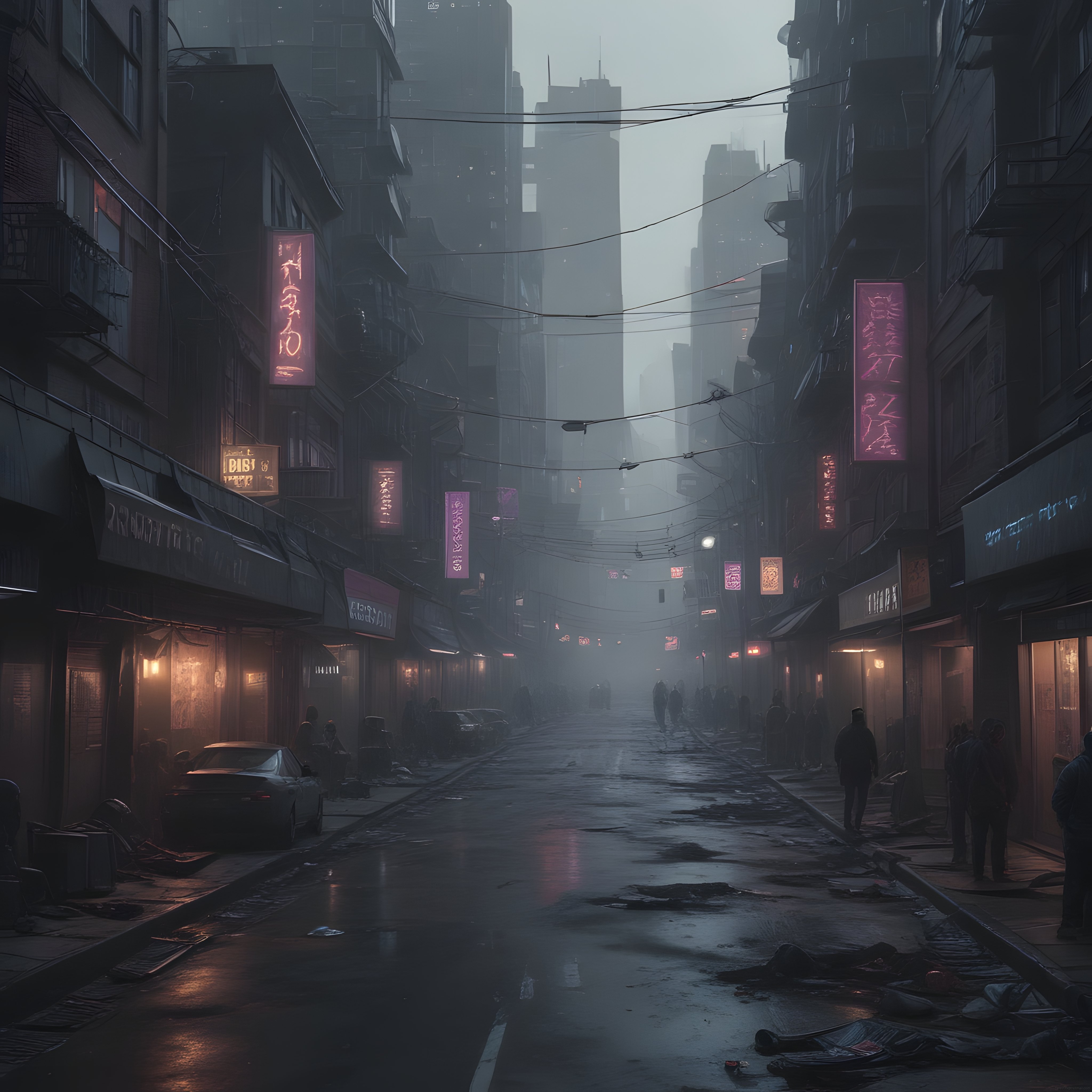 Neon Işıkların Aydınlattığı Sisli ve Nemli Cyberpunk Bir Şehir Sokak Görseli