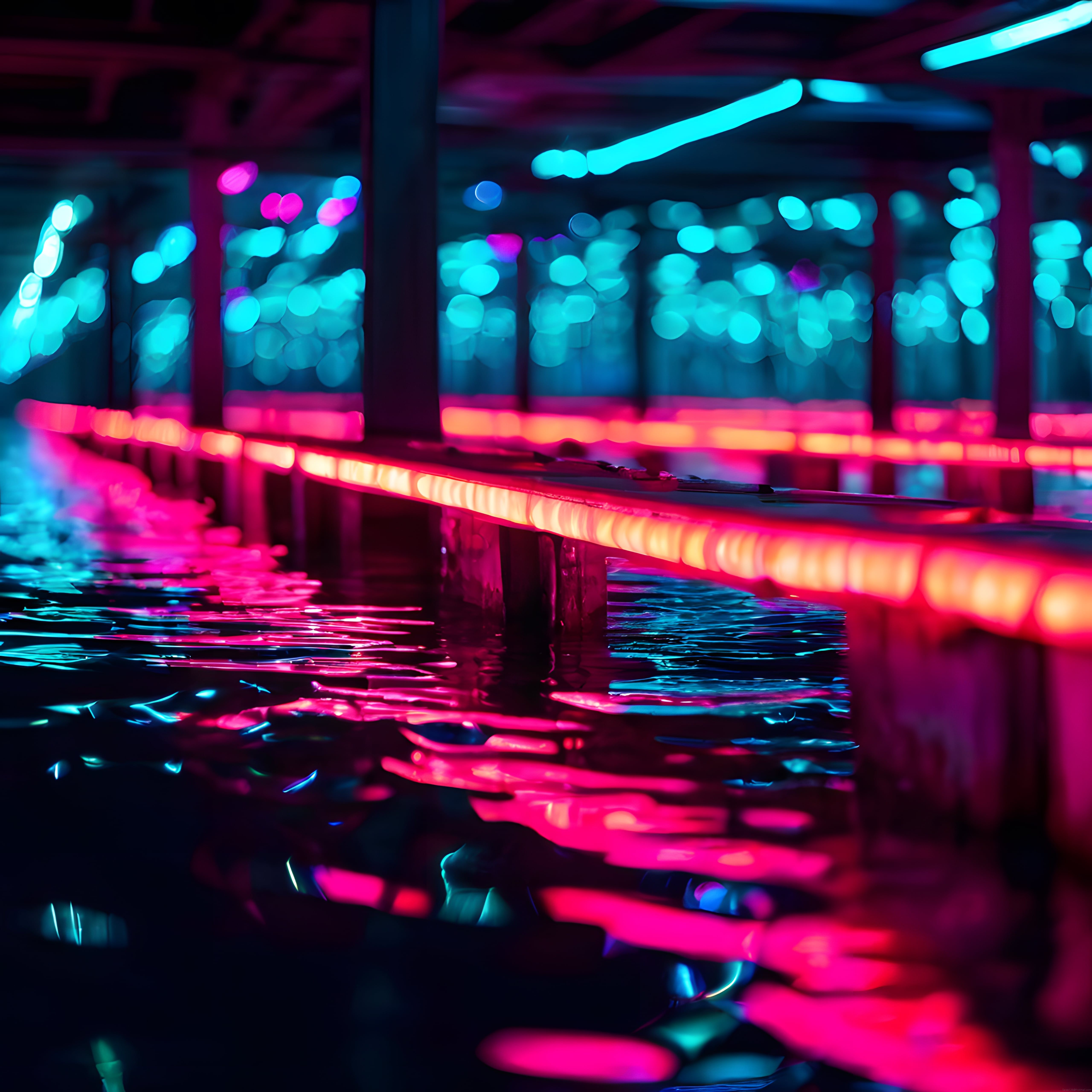 Neon ışıkların su yüzeyindeki renkli yansımaları ve gece atmosferi