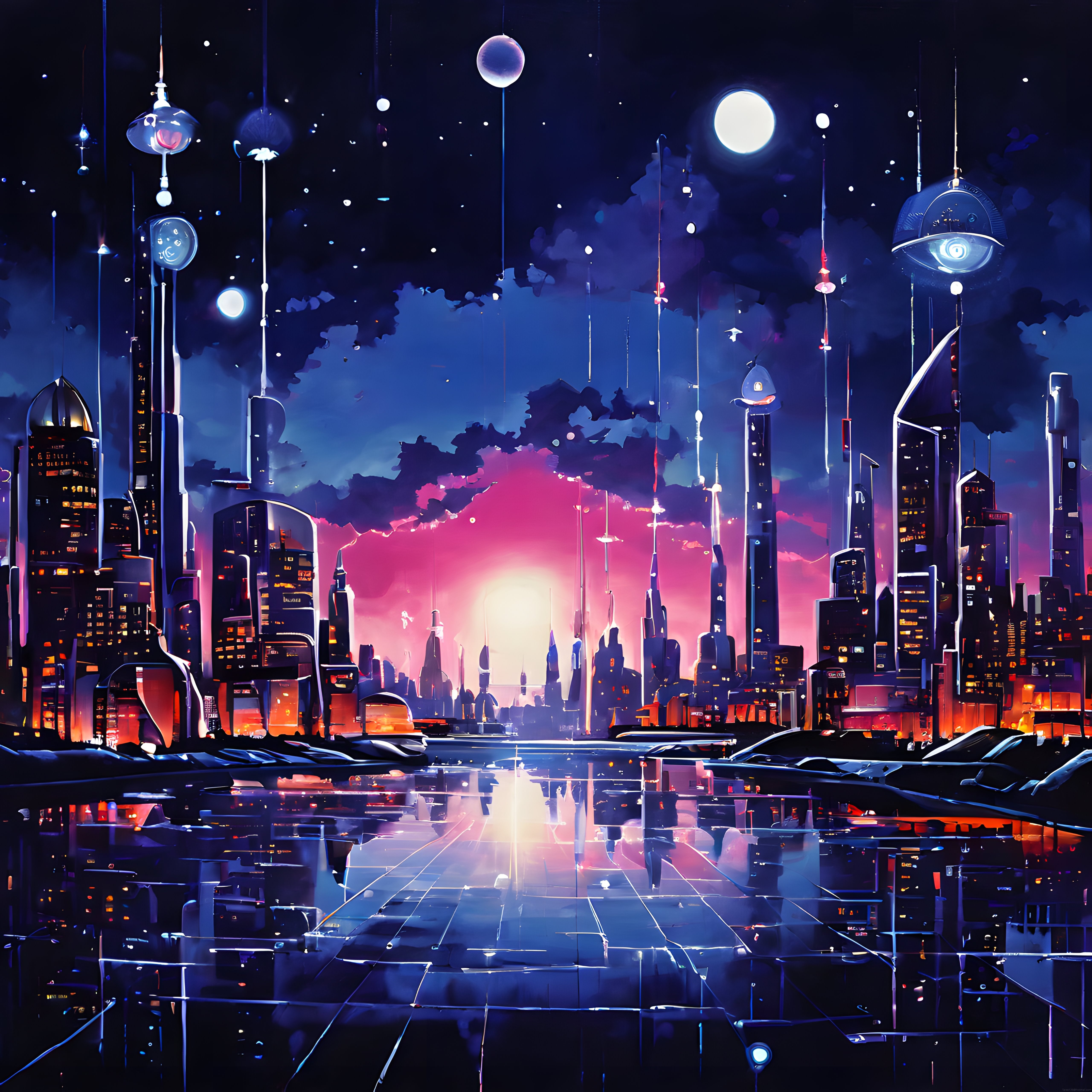Neon Işıklarıyla Parıldayan Fütüristik Cyberpunk Şehir ve Gece Gökyüzü