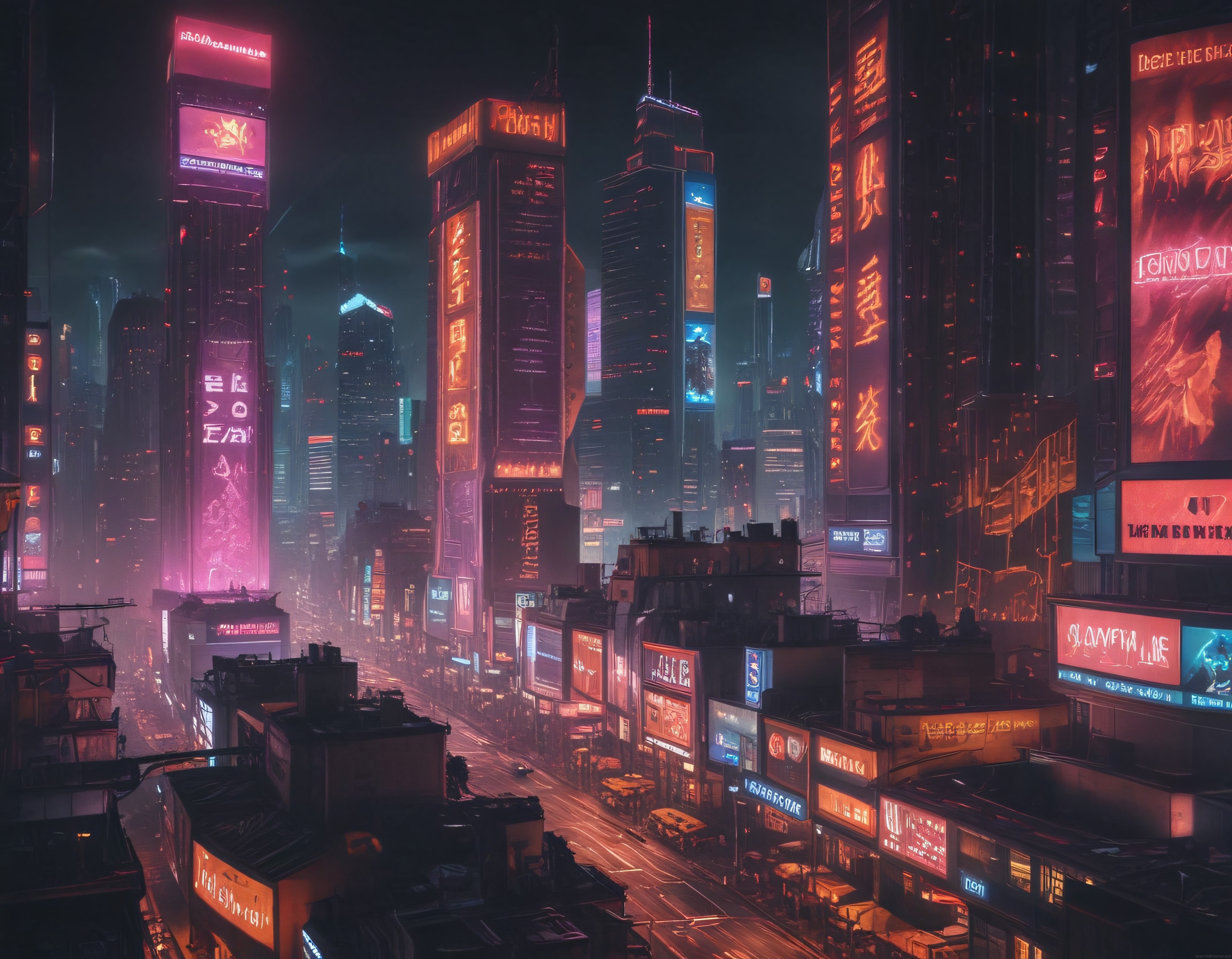 Neon Işıklarıyla Parıldayan Geleceğin Distopik Cyberpunk Şehir Manzarası