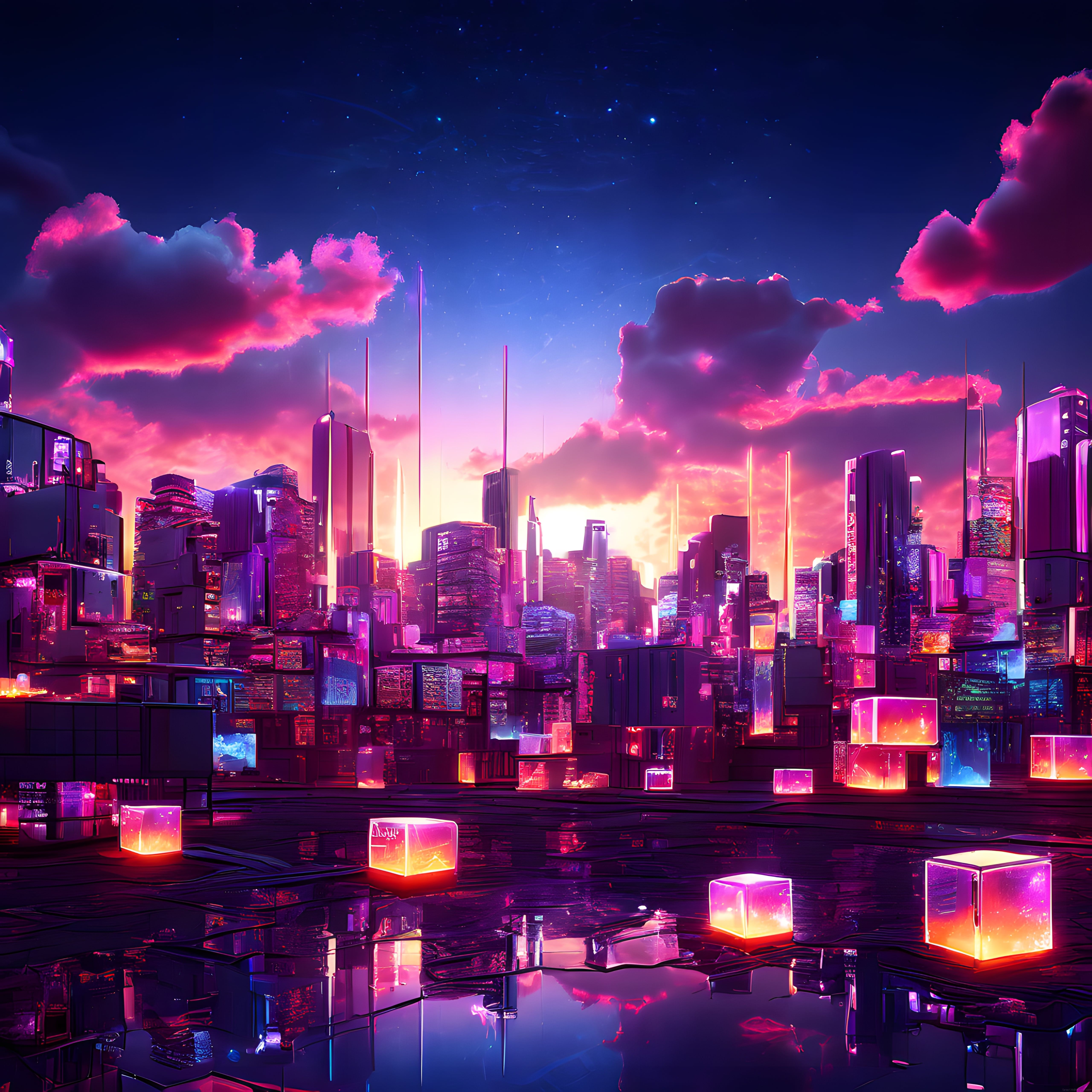 Neon Işıklarla Aydınlanan Anime Tarzı Gelecek Şehri Dijital Sanat Eseri
