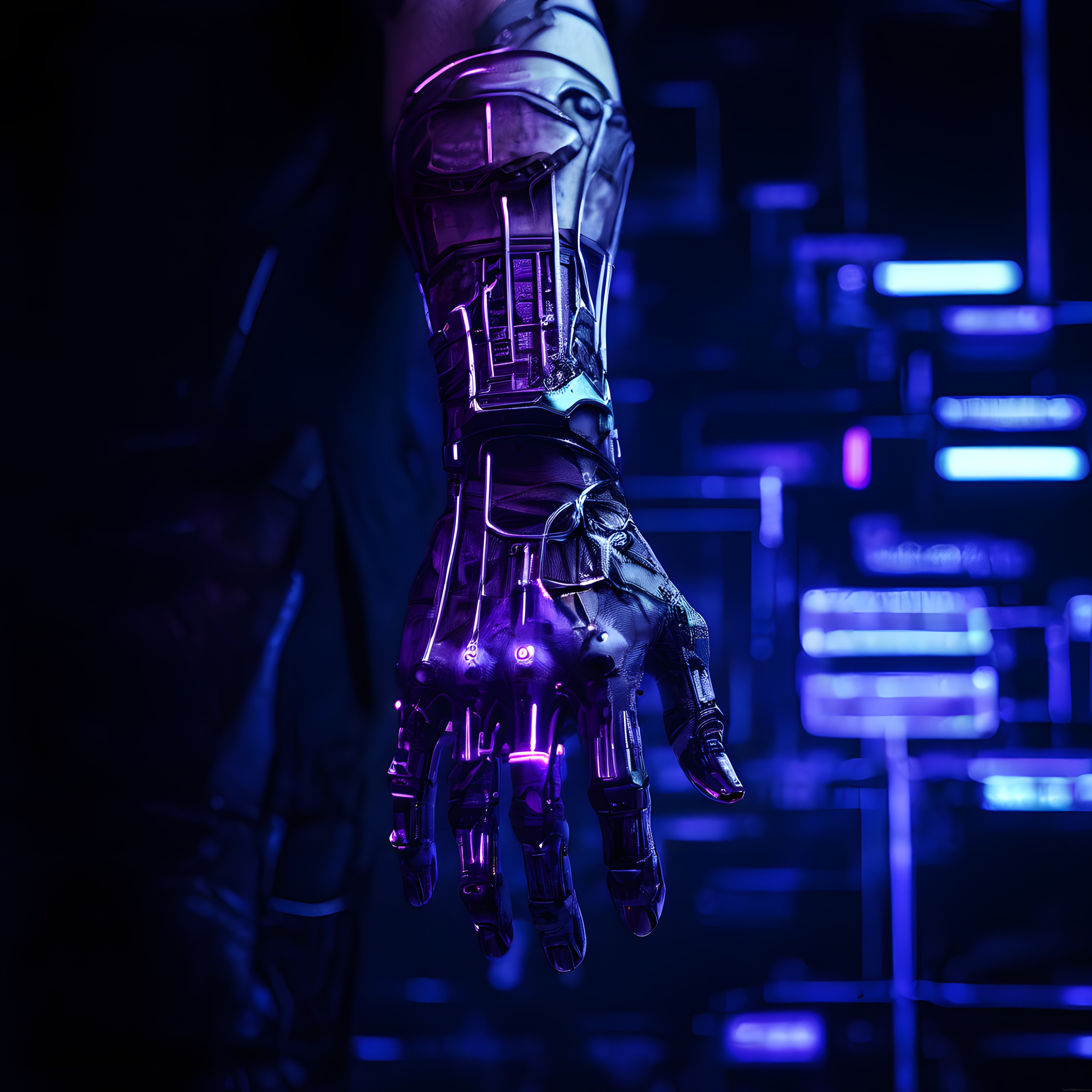 Neon Işıklarla Aydınlanan Biyomekanik Robot Kol Gelecek Teknolojisi