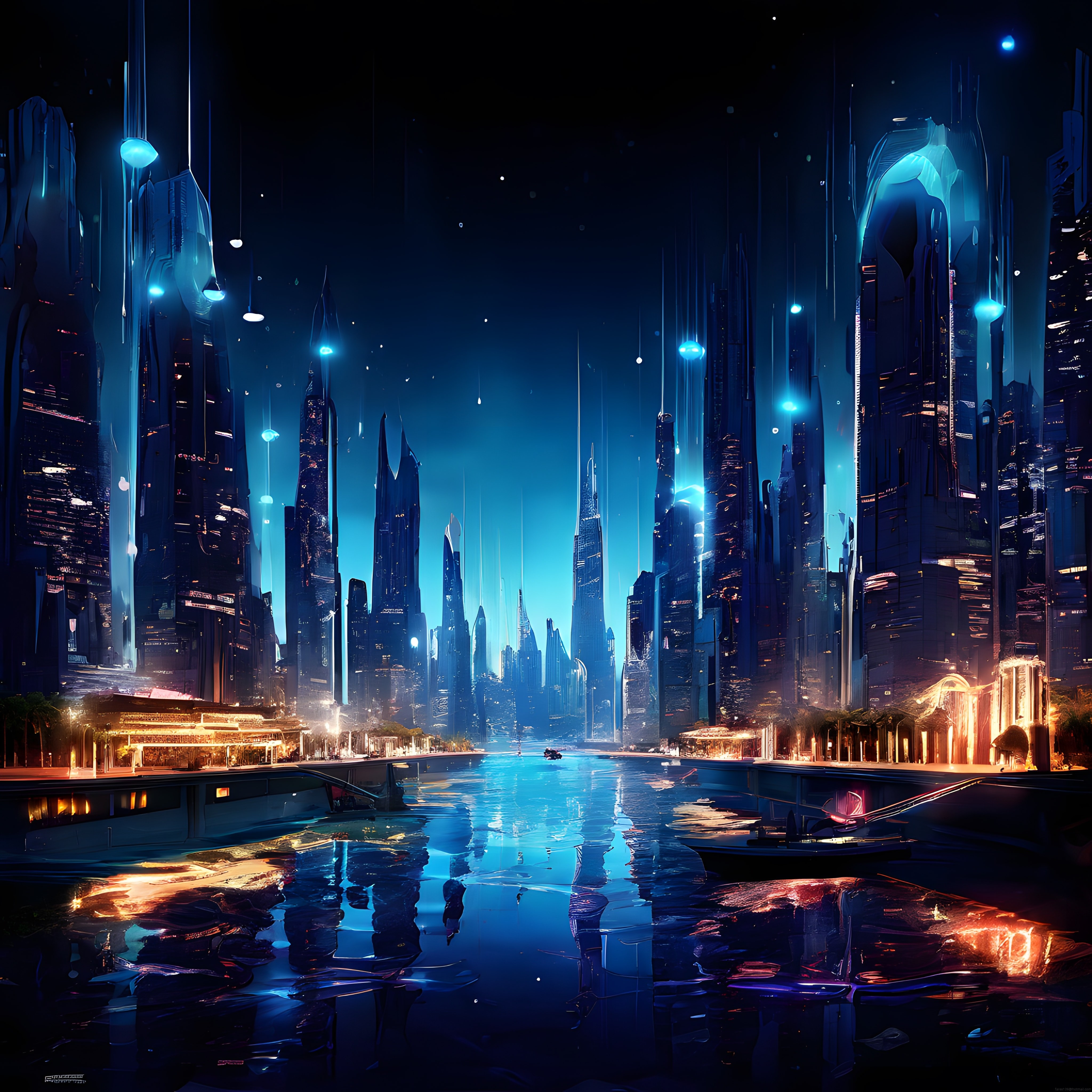 Neon ışıklarla aydınlanan cyberpunk gelecek şehir manzarası ve su yansımaları