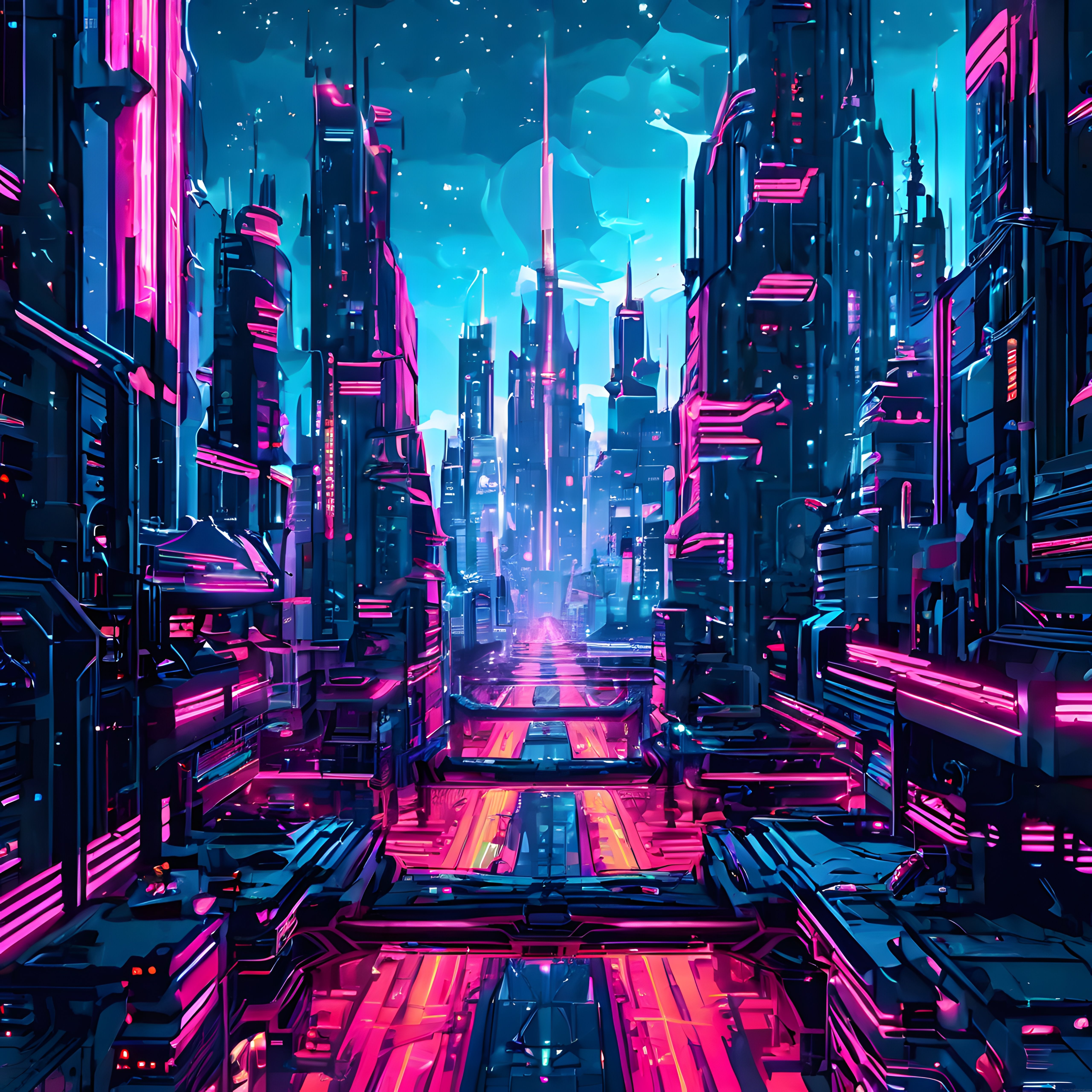 Neon Işıklarla Aydınlanan Cyberpunk Gelecek Şehri Dijital İllüstrasyon