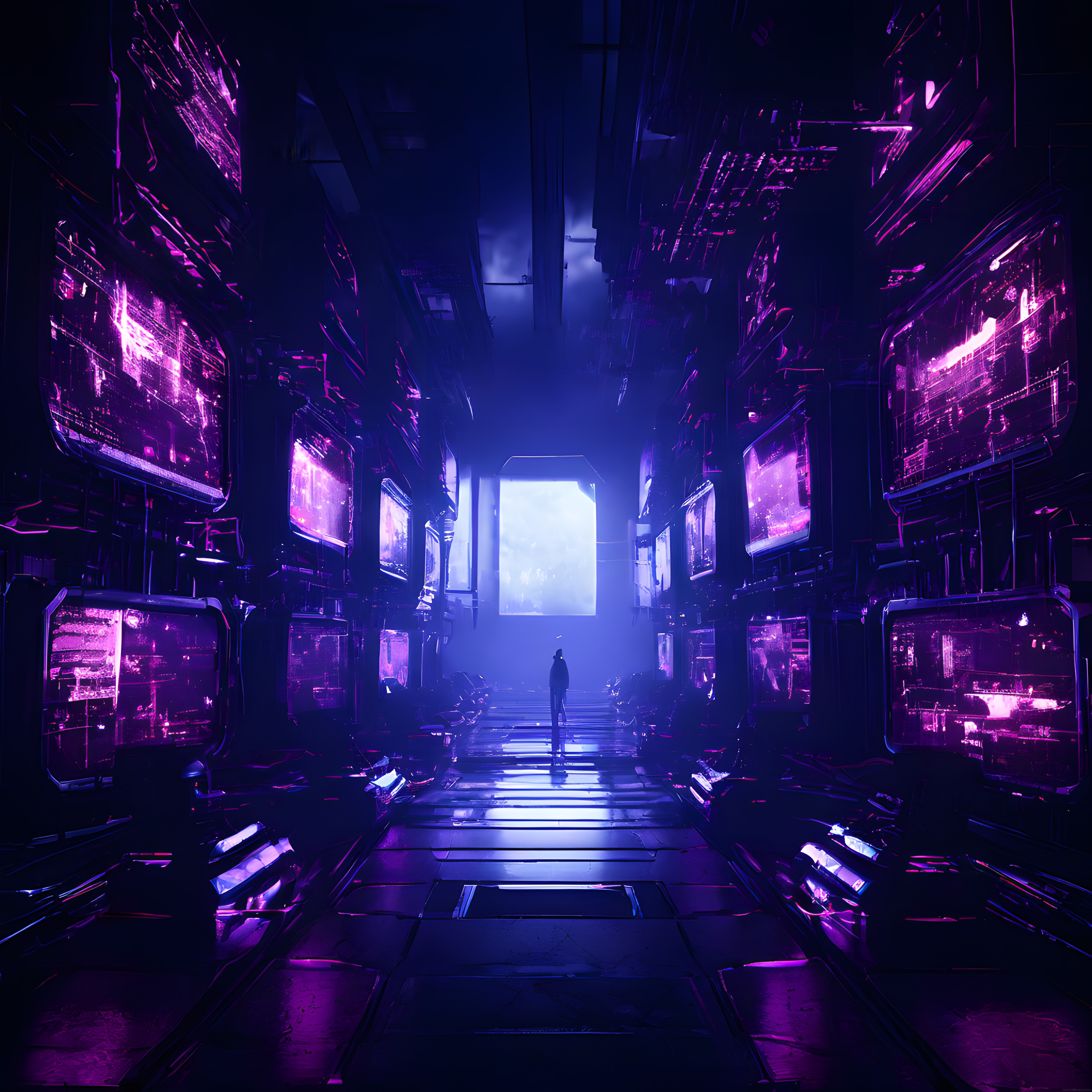 Neon Işıklarla Aydınlanan Cyberpunk Koridor ve Uzakta Duran Yalnız Figür