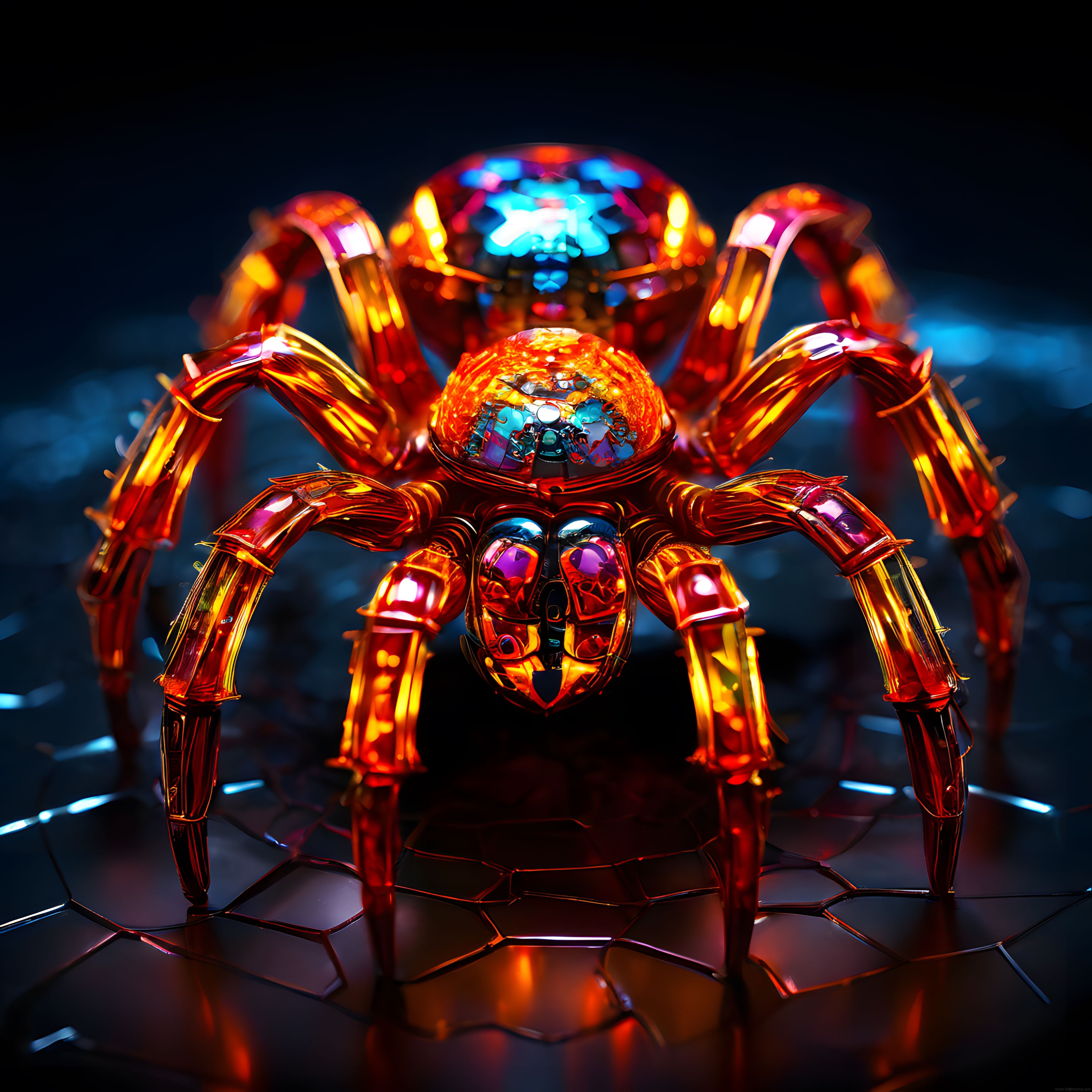 Neon Işıklarla Aydınlanan Cyberpunk Metal Örümcek Robot ve Makine Tasarımı
