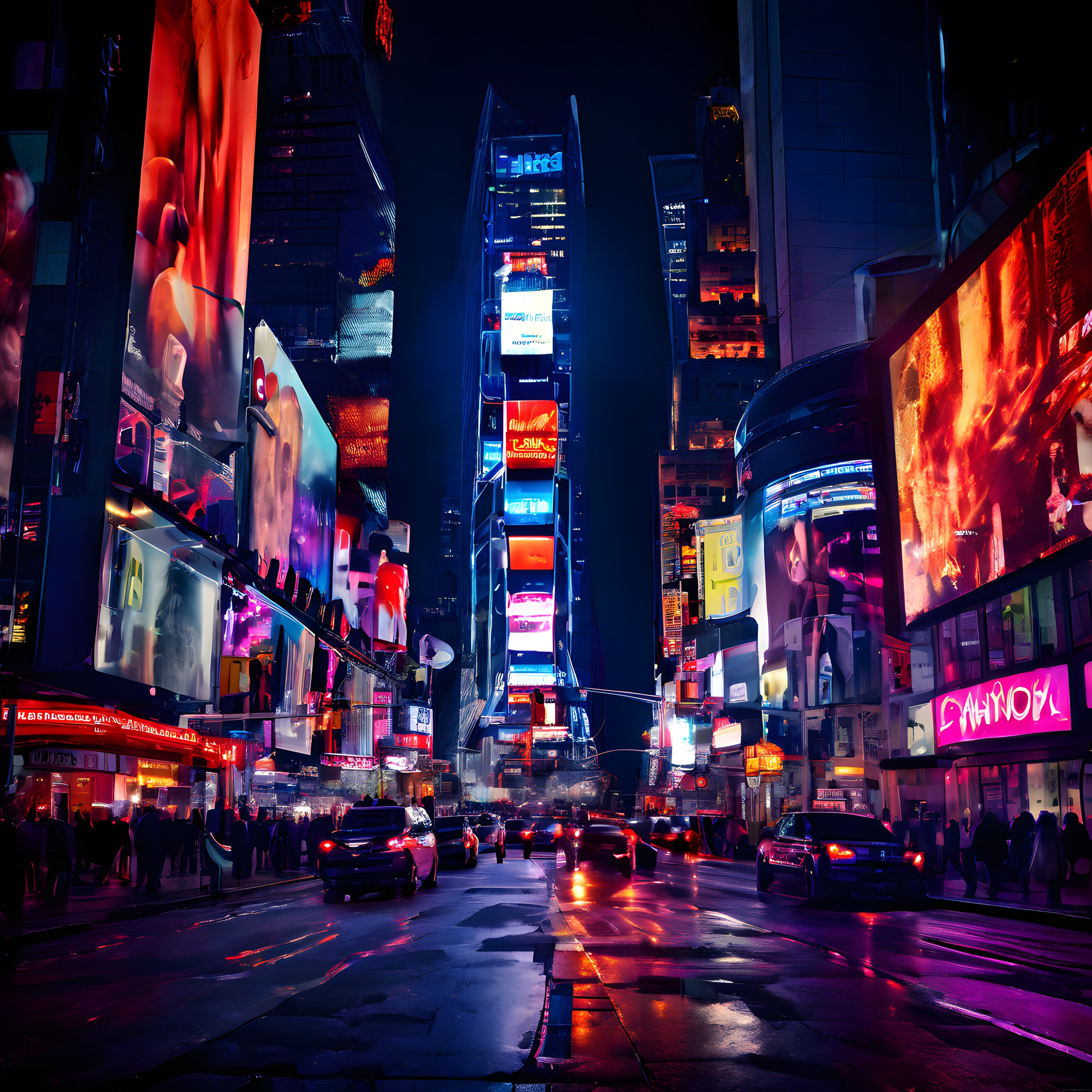 Neon Işıklarla Aydınlanan Cyberpunk Şehir ve Islak Caddedeki Gece Yansımaları