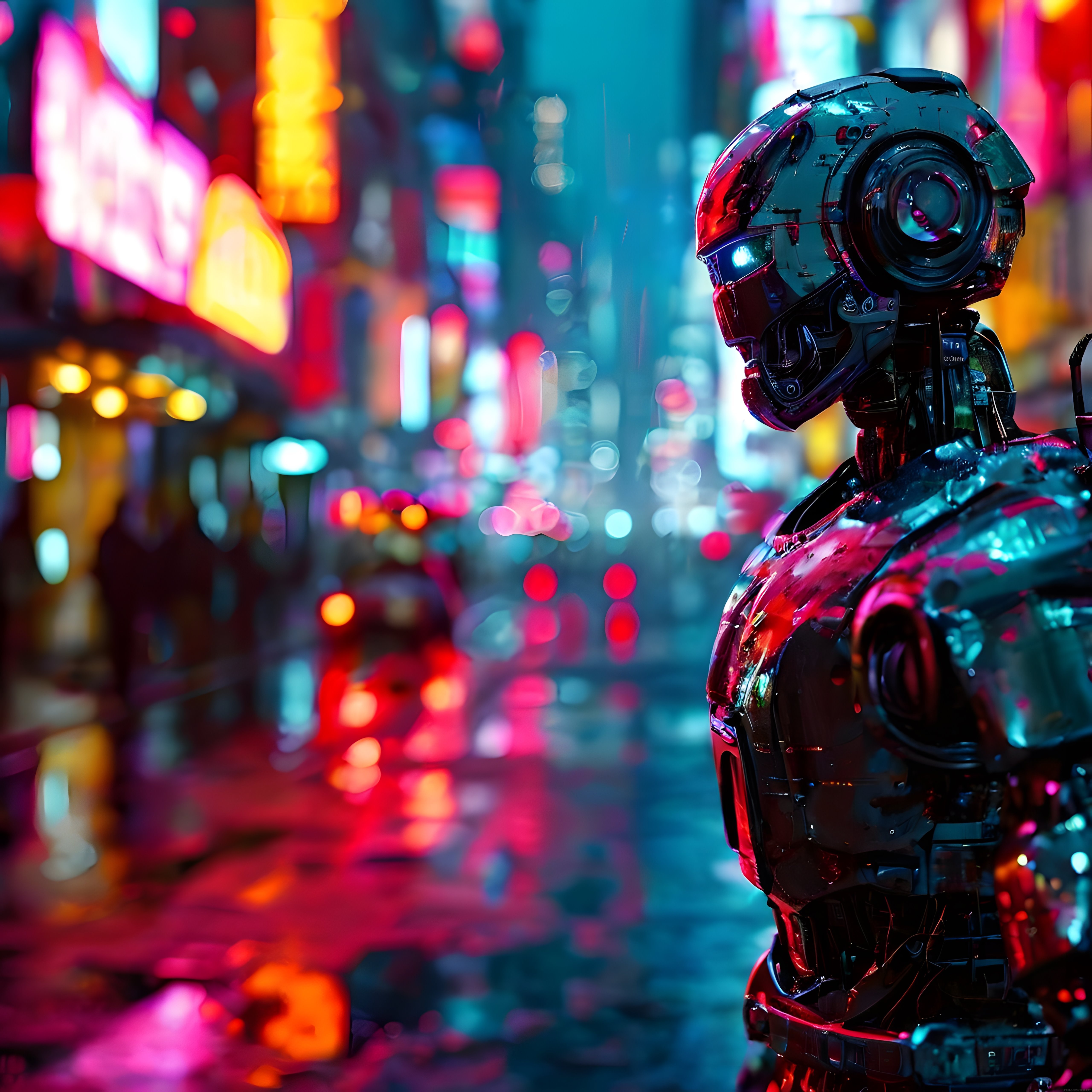 Neon Işıklarla Aydınlanan Cyberpunk Şehirde Yağmurlu Gecede Yalnız Robot
