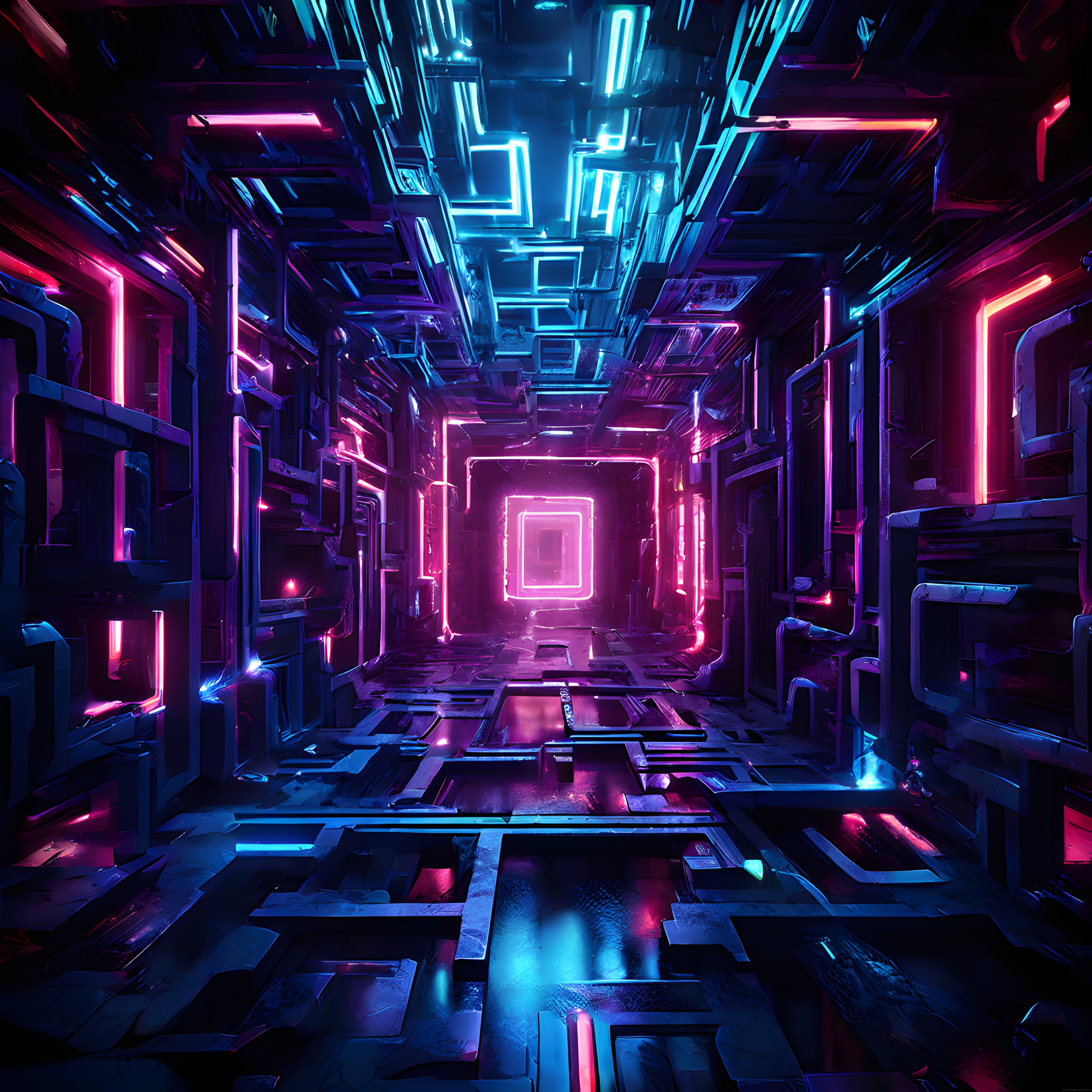 Neon Işıklarla Aydınlanan Cyberpunk Stili Sonsuz Geometrik Koridor
