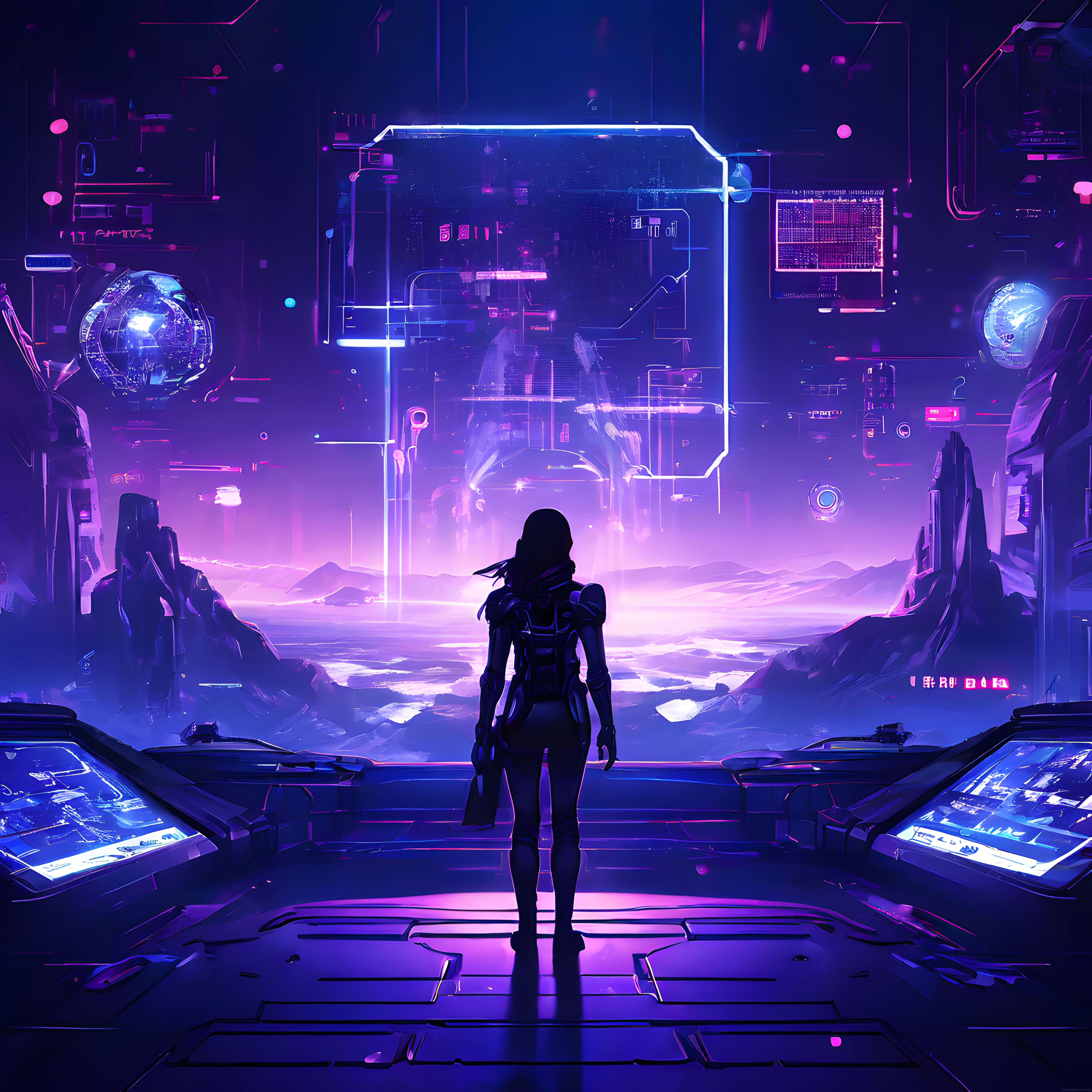 Neon Işıklarla Aydınlanan Cyberpunk Uzay Merkezindeki Yalnız Kaşif Silueti