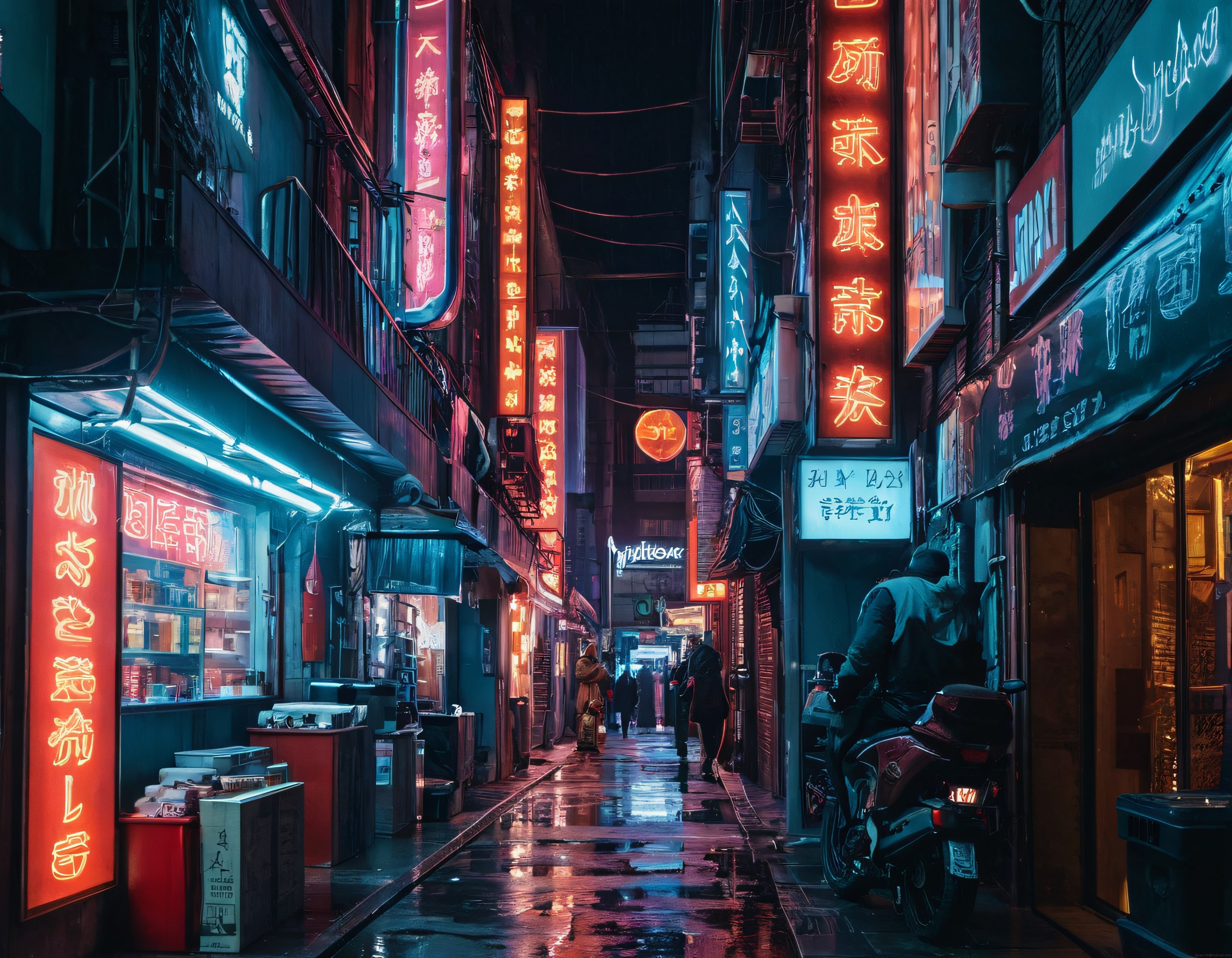 Neon Işıklarla Aydınlanan Dar Asya Sokağında Gizemli Cyberpunk Gece Atmosferi