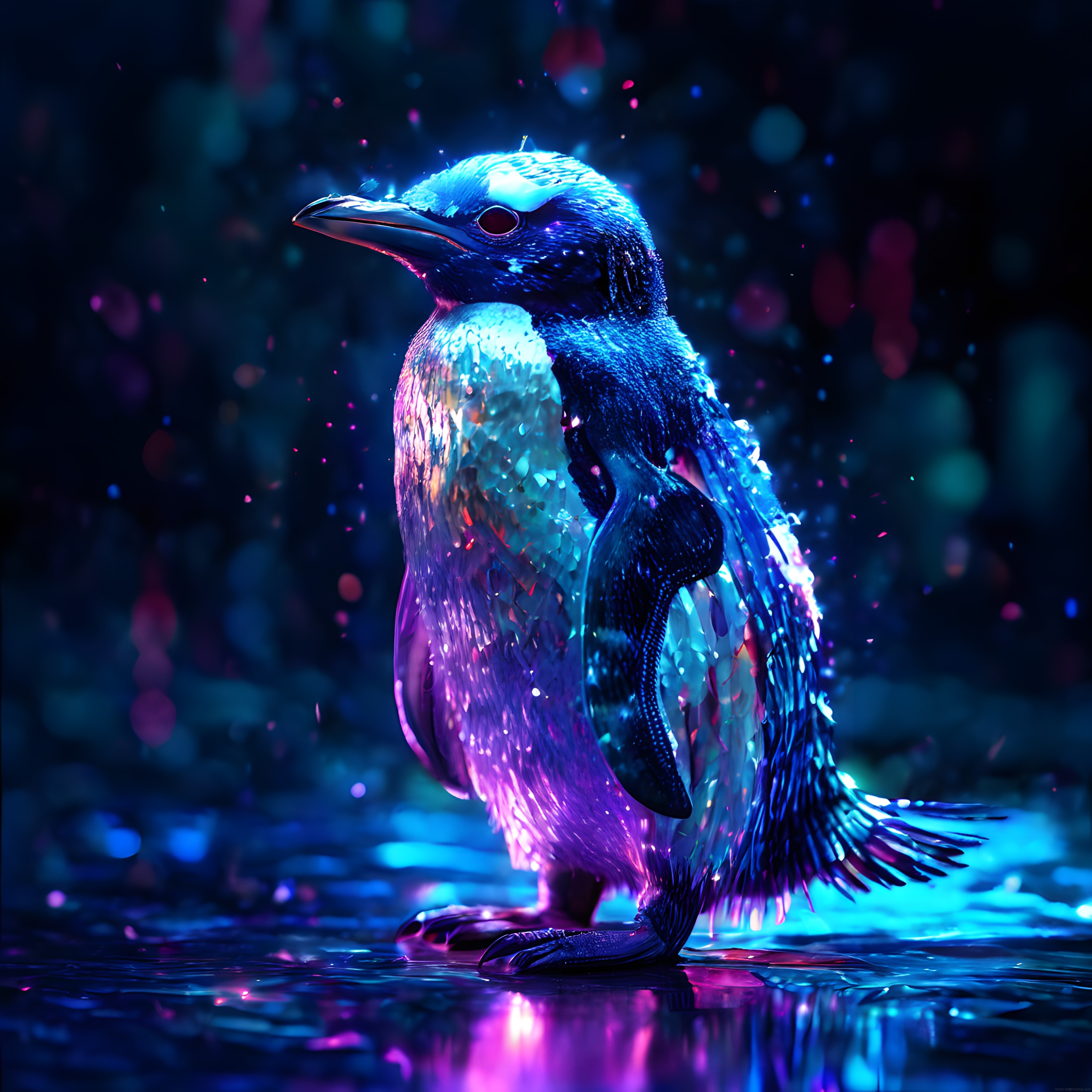 Neon Işıklarla Aydınlanan Fantastik Penguen Dijital Sanat Tablosu