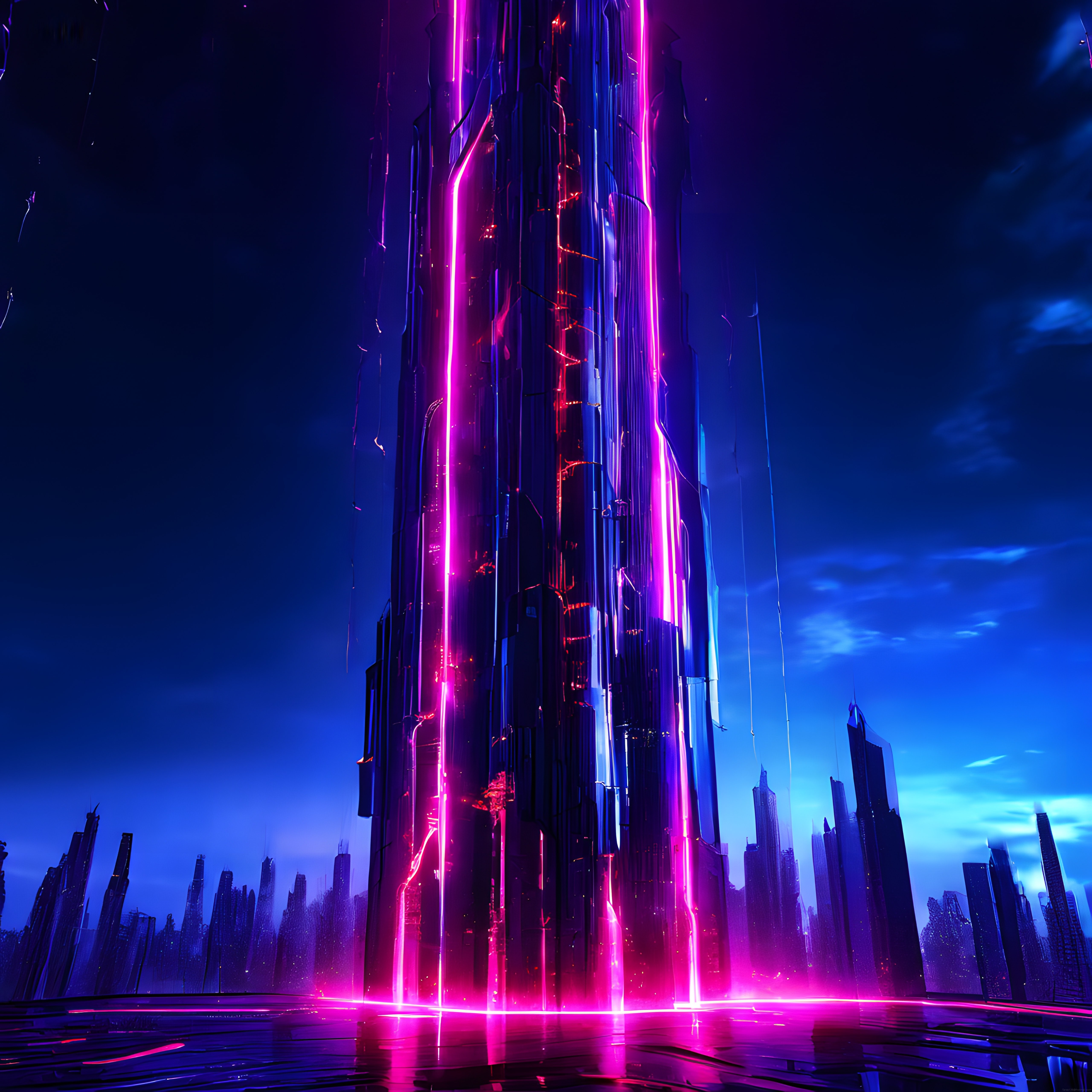 Neon Işıklarla Aydınlanan Fütüristik Cyberpunk Gökdelen ve Gece Şehir Manzarası