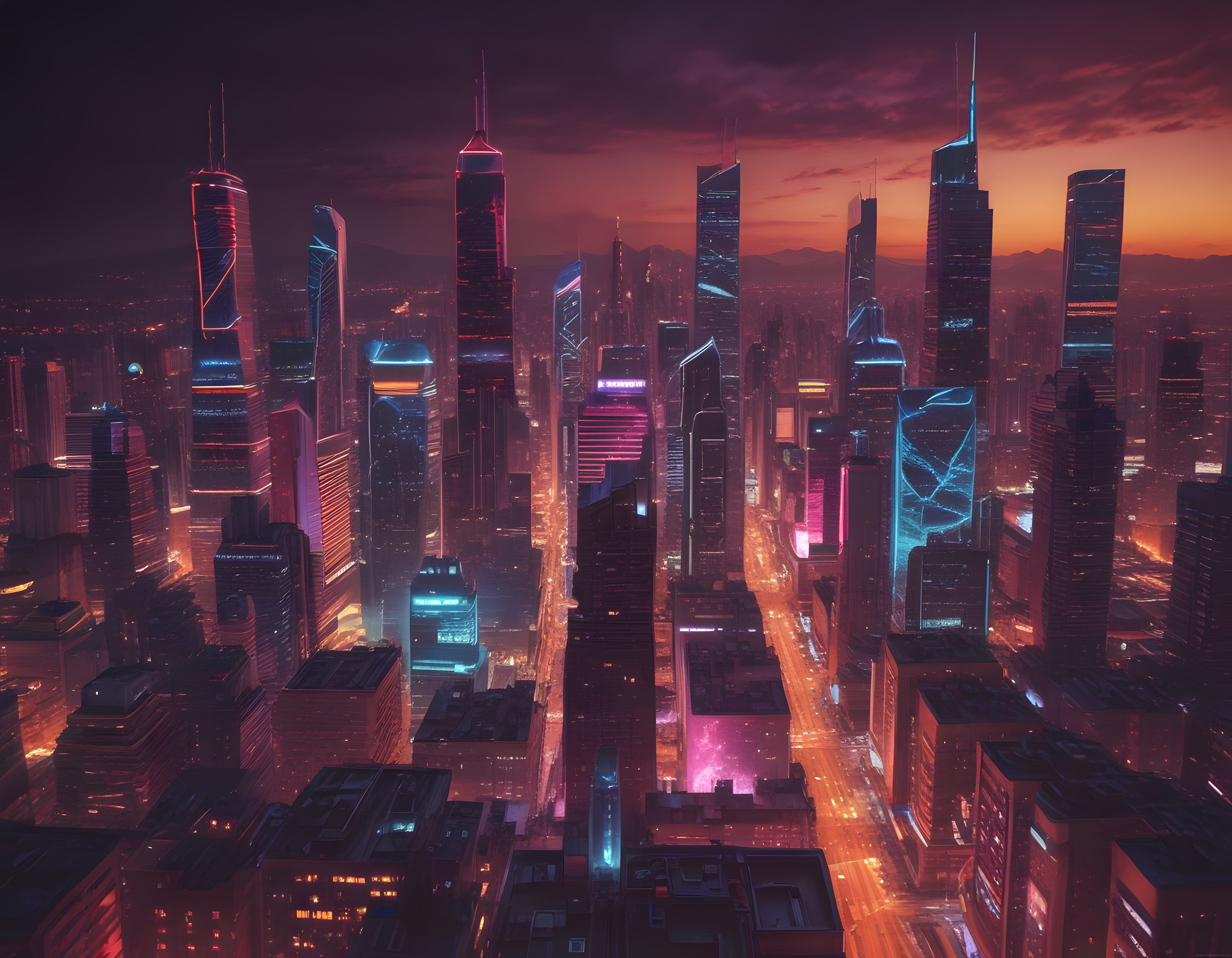 Neon ışıklarla aydınlanan fütüristik cyberpunk metropol manzarası