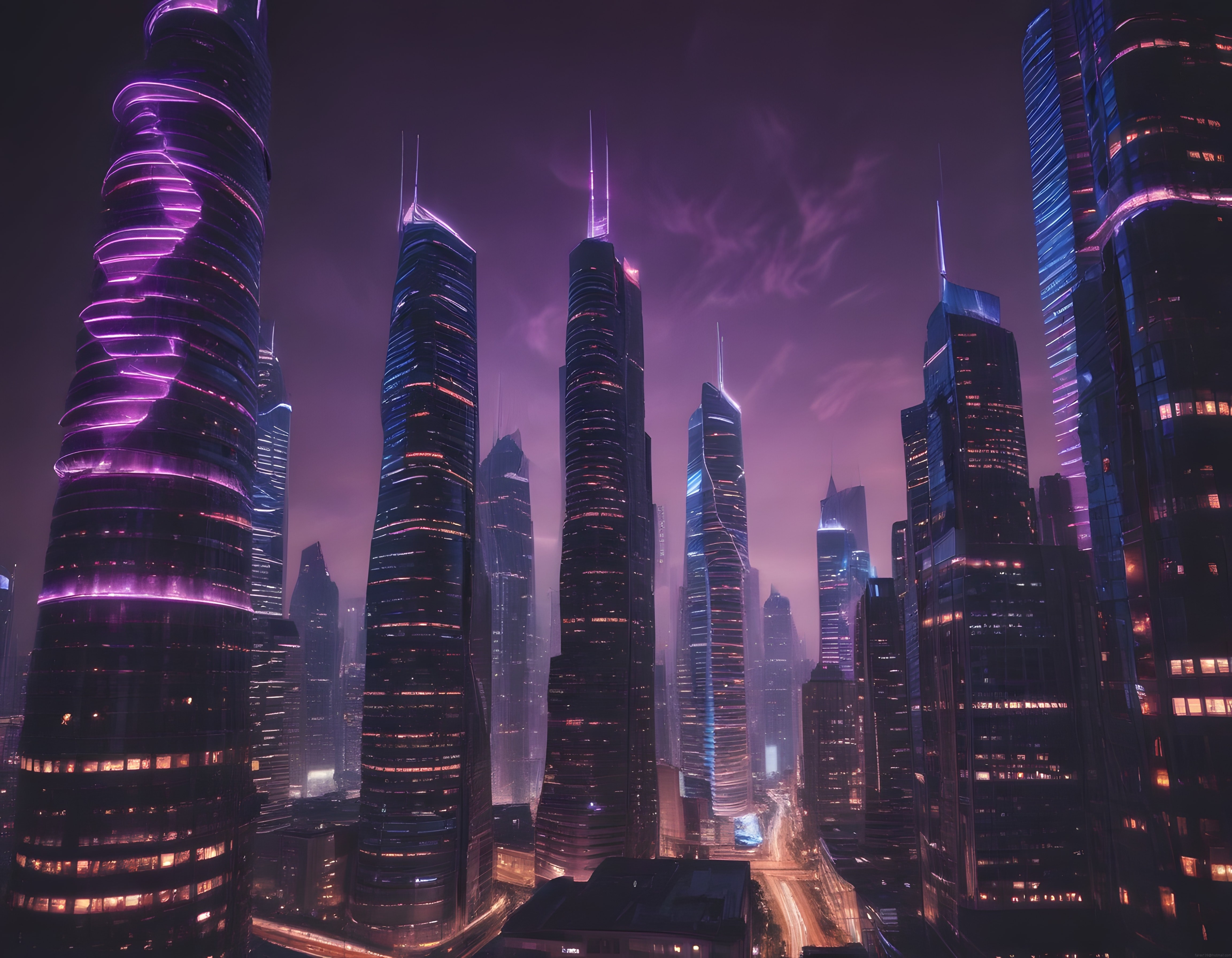 Neon Işıklarla Aydınlanan Fütüristik Gökdelenler ve Cyberpunk Şehir Manzarası