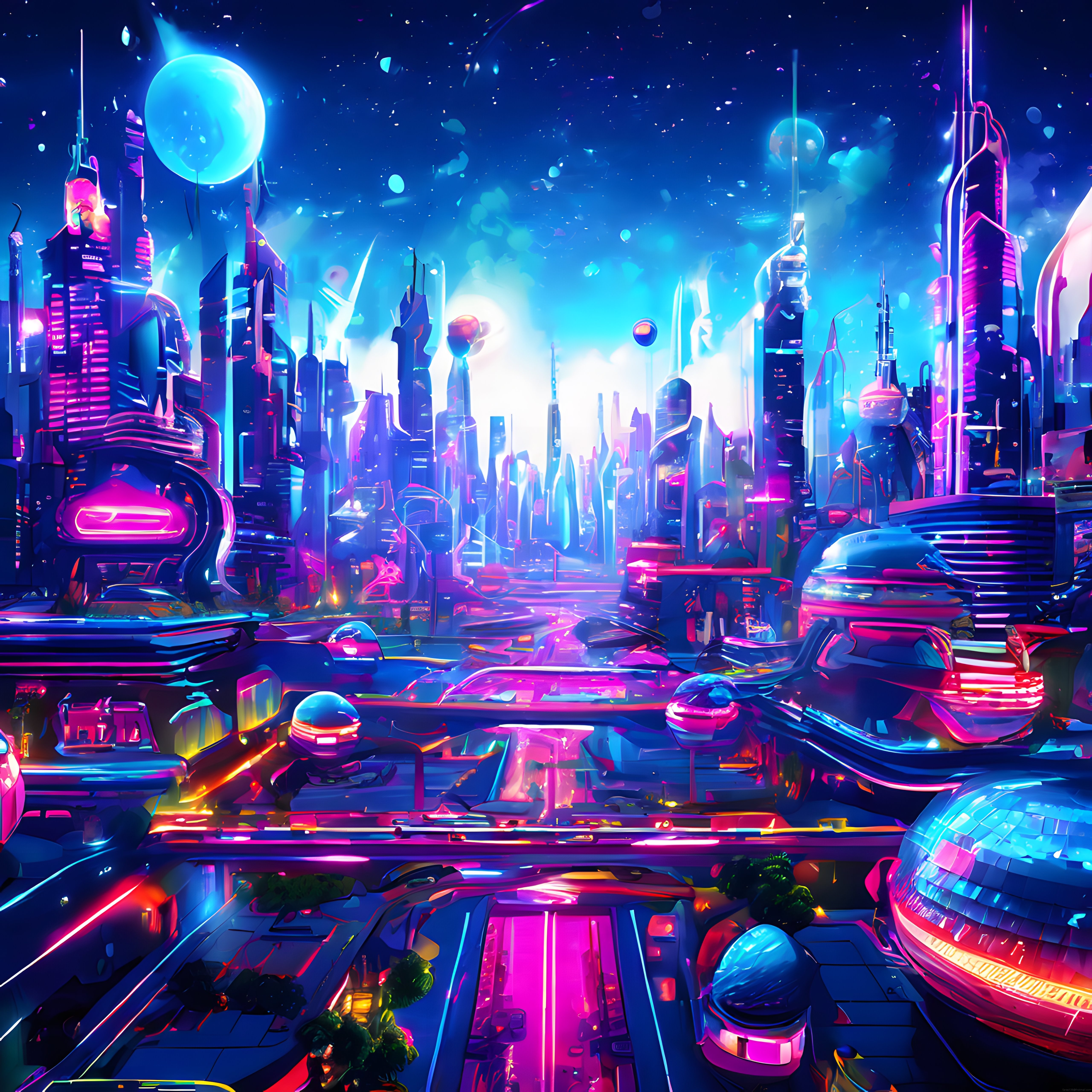 Neon ışıklarla aydınlanan geleceğin cyberpunk metropolü ve uçan araçları