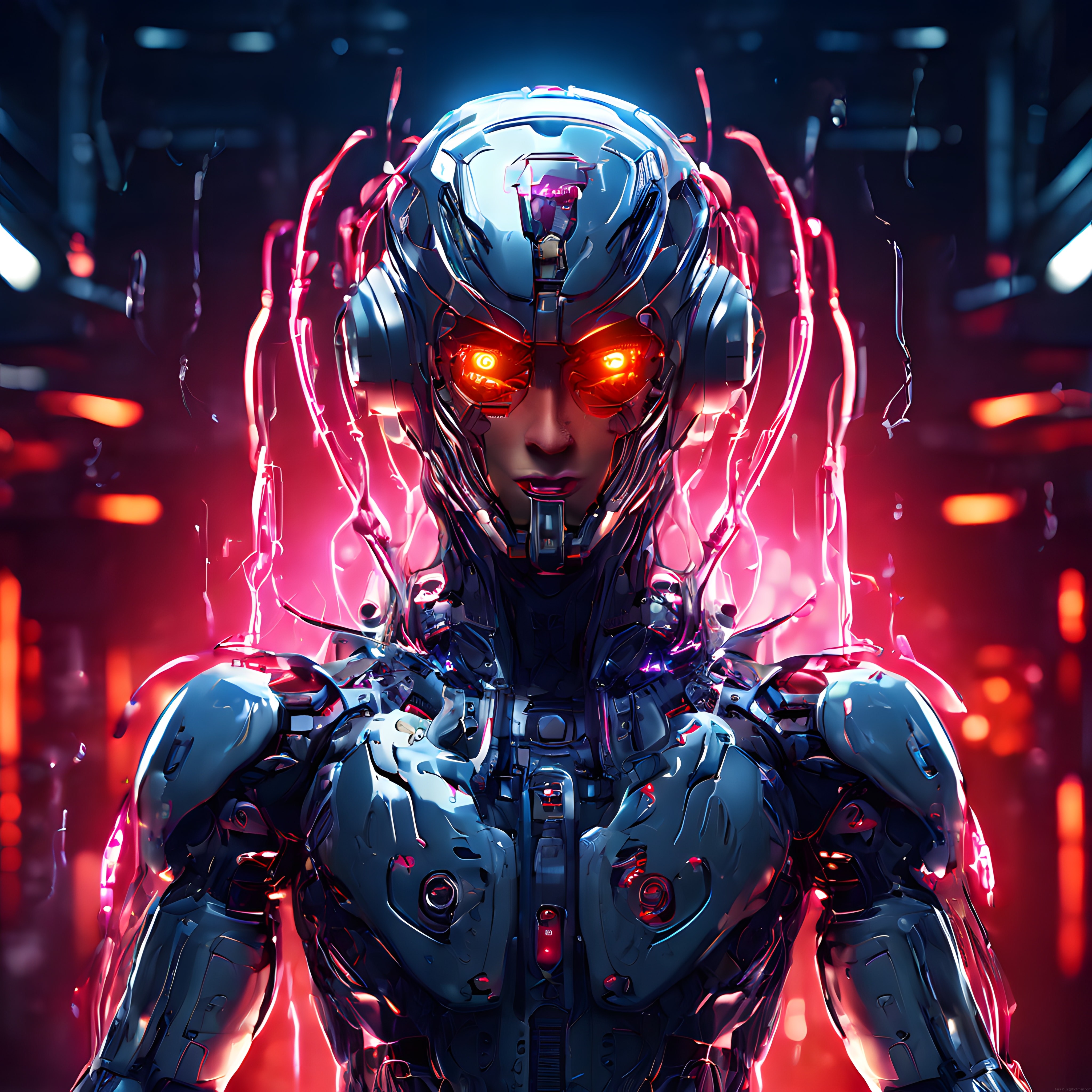Neon Işıklarla Aydınlanan Geleceğin Cyborg Kadın Savaşçısı ve Robotik Zırhı