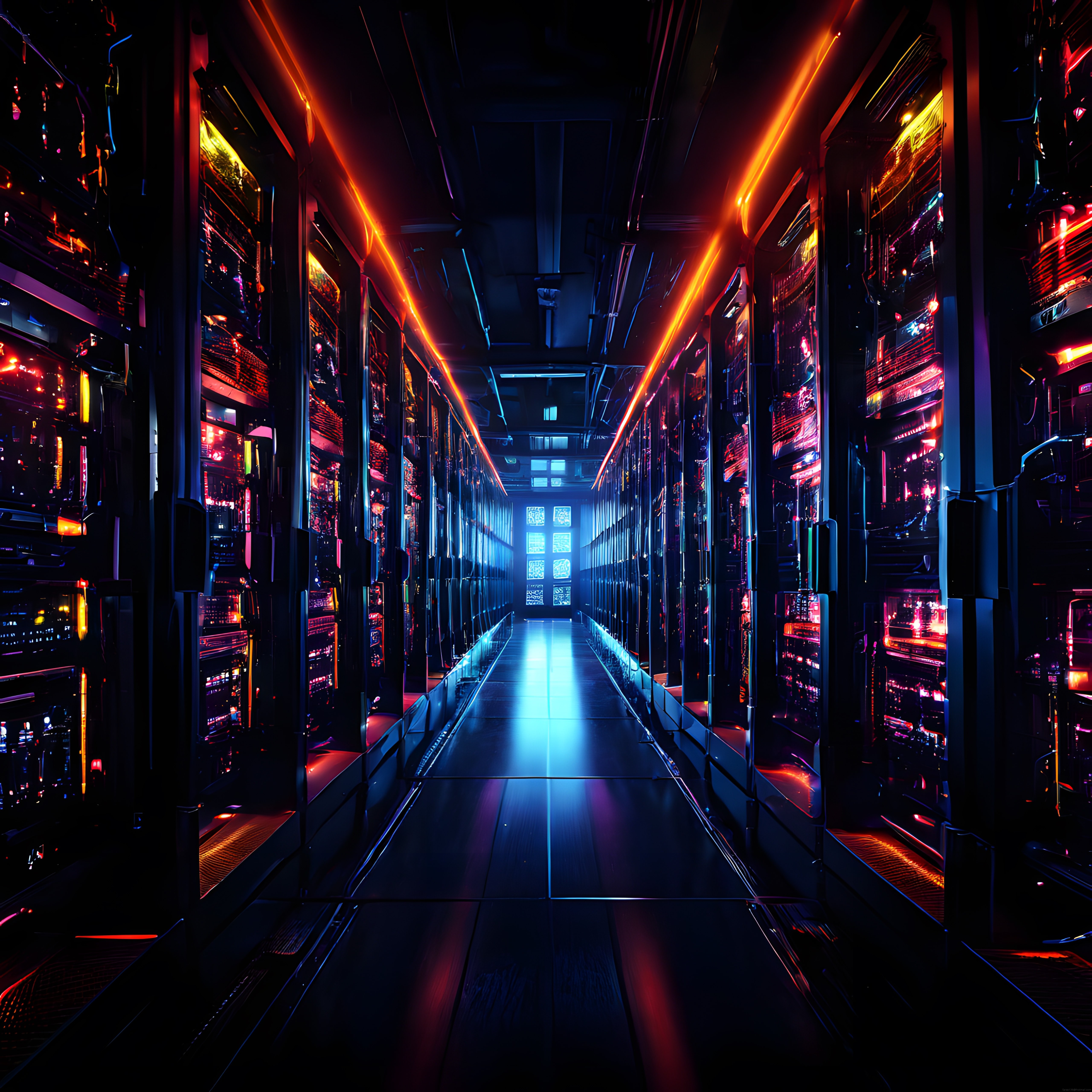 Neon Işıklarla Aydınlanan Gelecekçi Veri Merkezi Sunucu Koridoru ve Altyapı Neon Işıklarla Aydınlanan Gelecekçi Veri Merkezi Sunucu Koridoru ve Altyapı