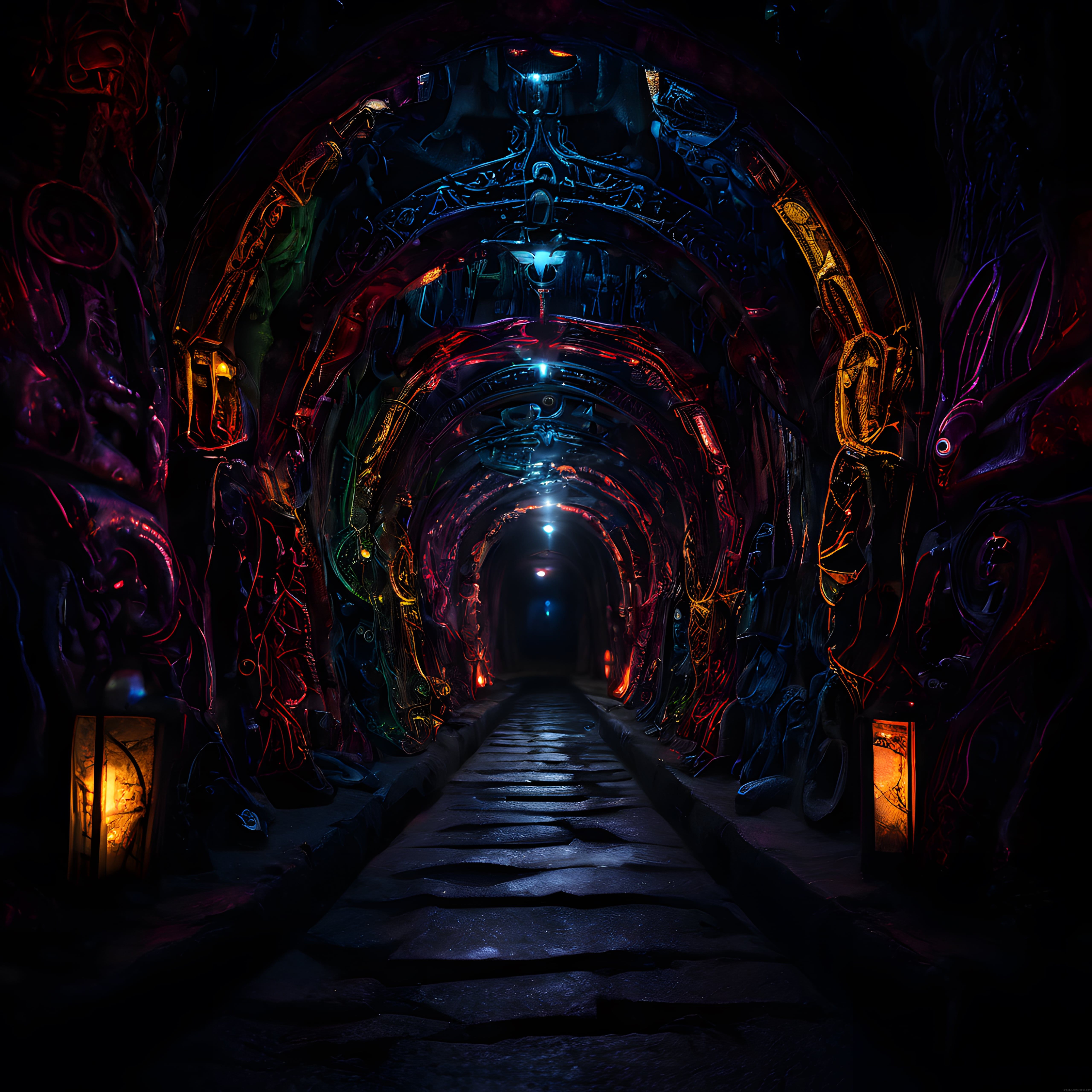 Neon Işıklarla Aydınlanan Gizemli Fantastik Tünel ve Antik Taş Koridor