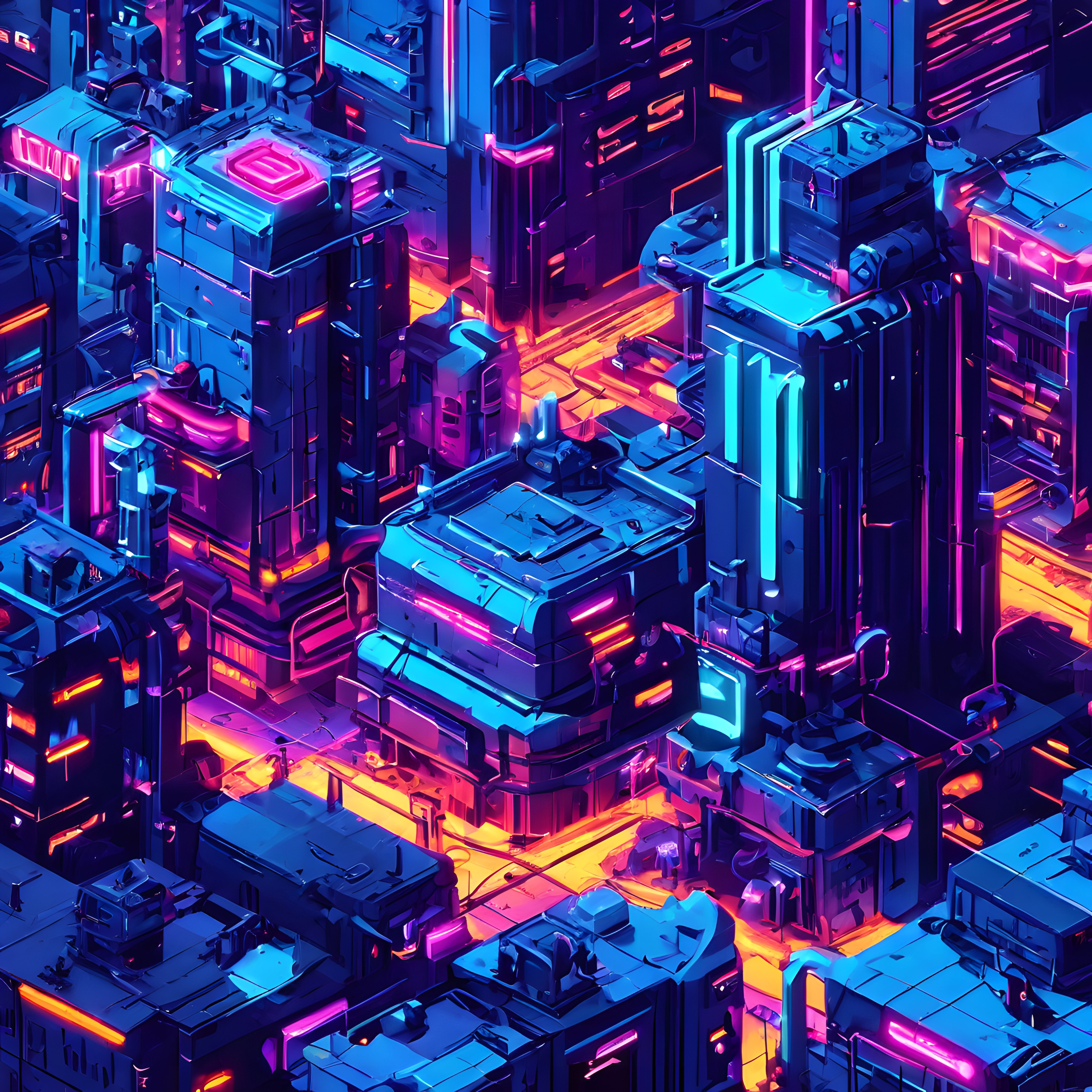 Neon Işıklarla Aydınlanan İzometrik Siberpunk Şehir ve Gelecek Atmosferi