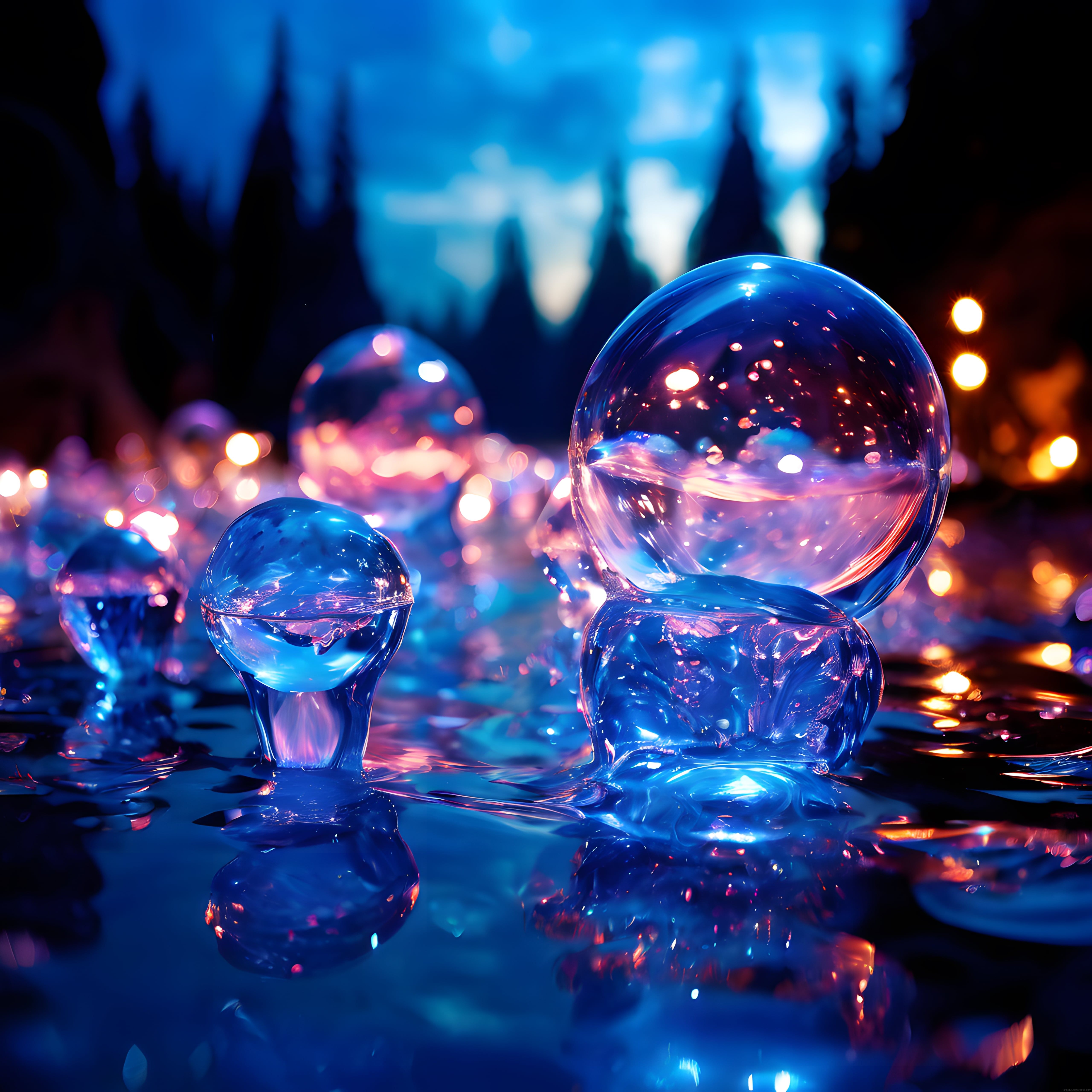 Neon Işıklarla Aydınlanan Kristal Küreler ve Sihirli Gece Atmosferi
