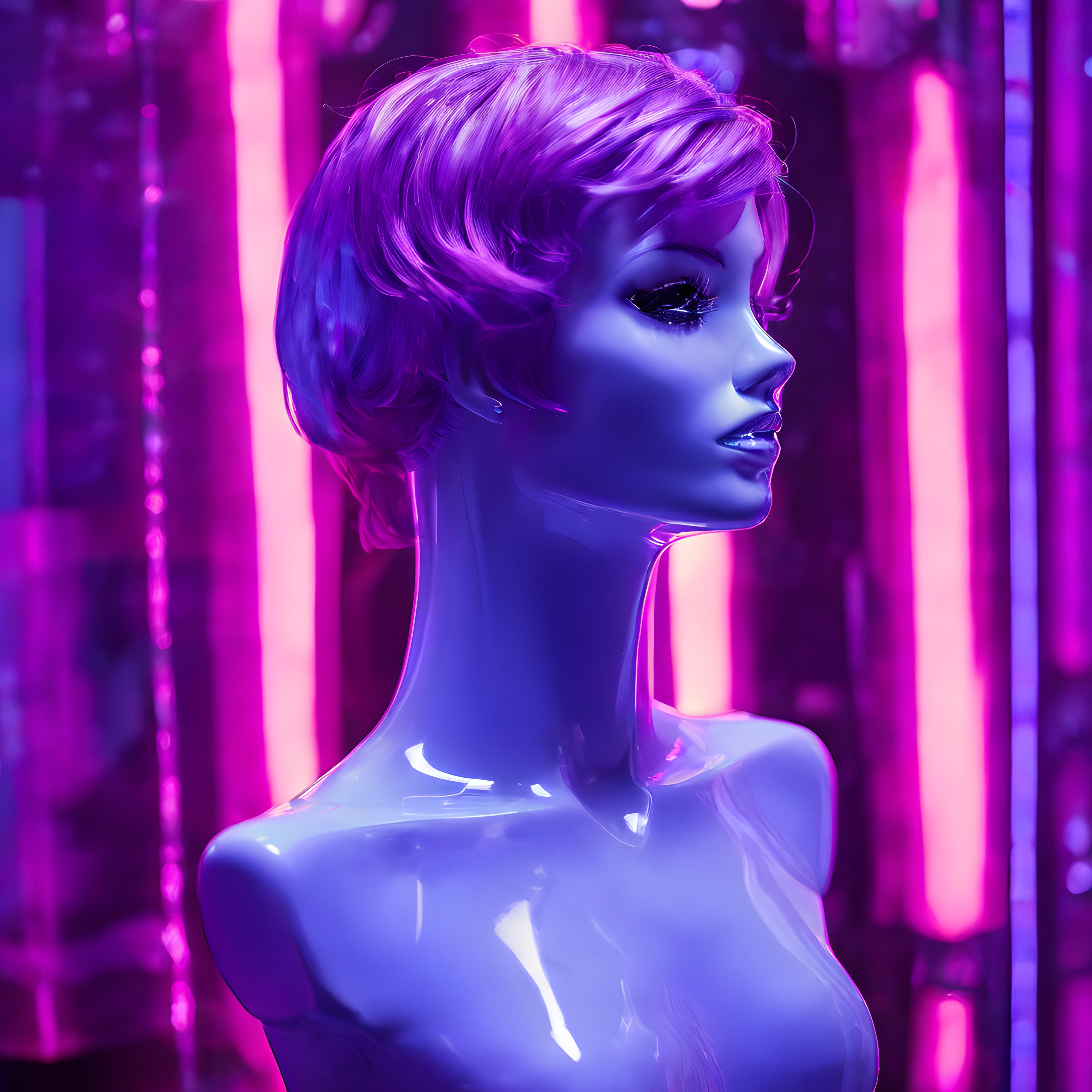 Neon Işıklarla Aydınlanan Parlak Sentetik Derili Gizemli Figür Portresi