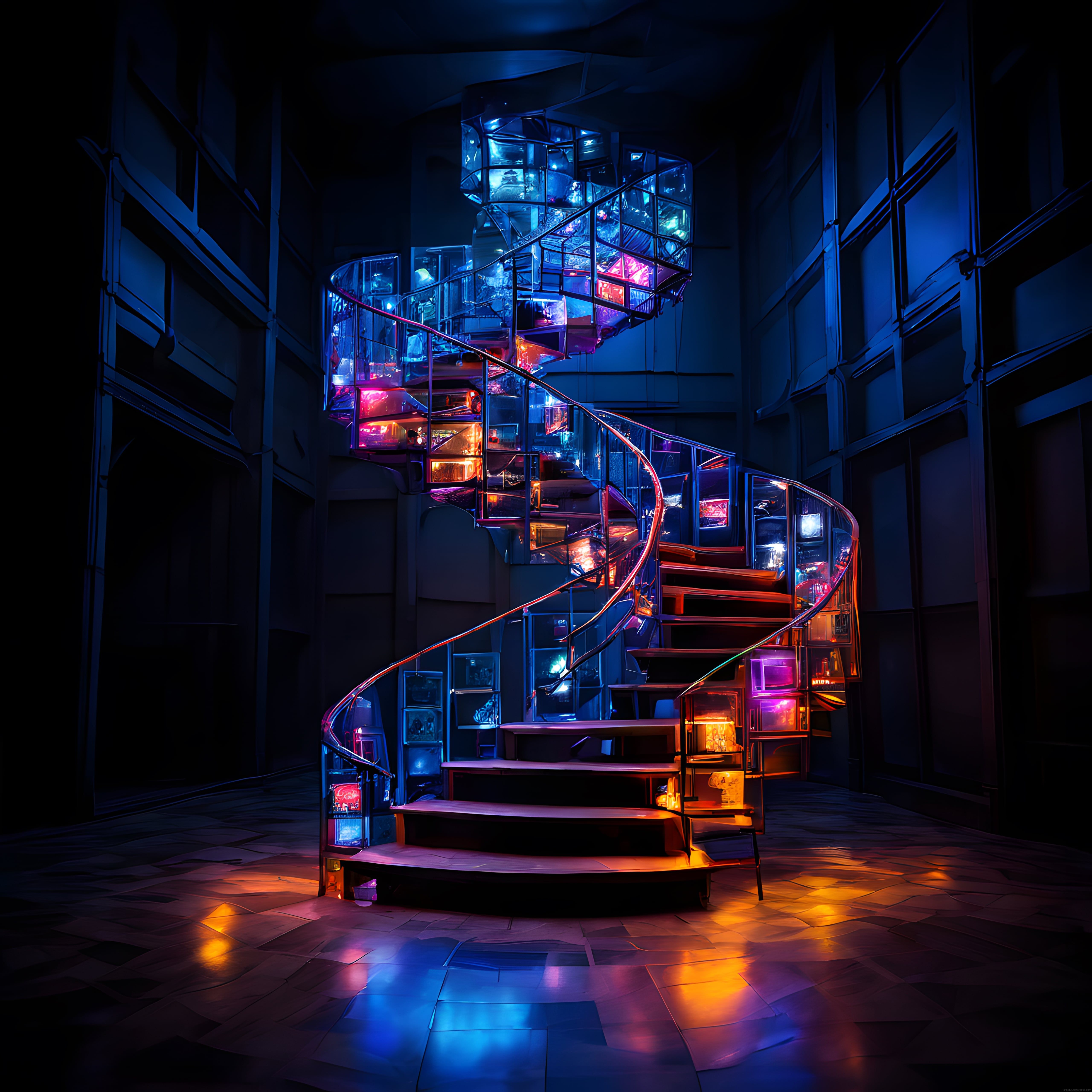 Neon Işıklarla Aydınlanan Sarmal Merdiven ve Fütüristik Dijital Sanat Atmosferi