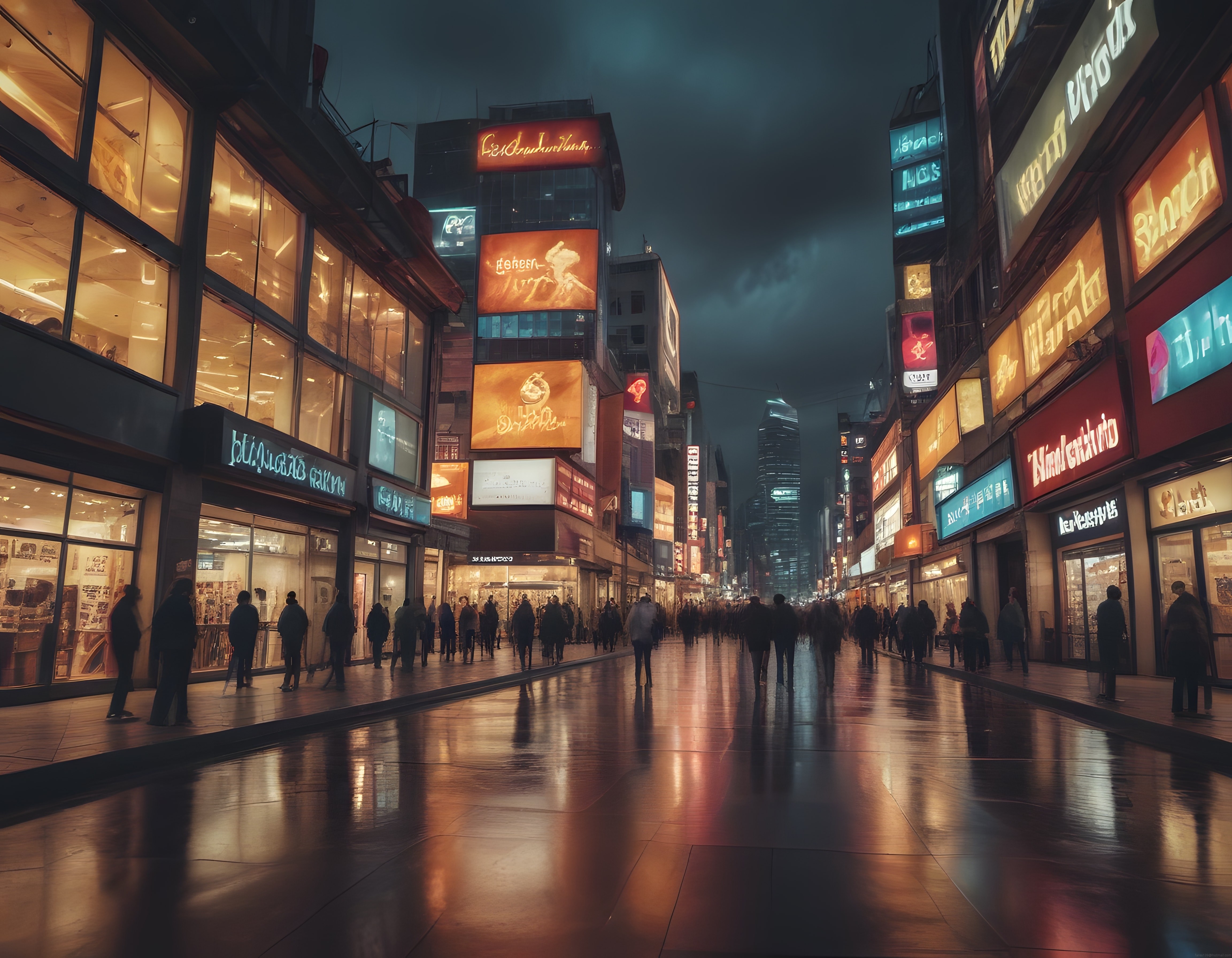 Neon Işıklarla Aydınlanan Yağmurlu Gece Caddesinde Büyük Şehir Atmosferi