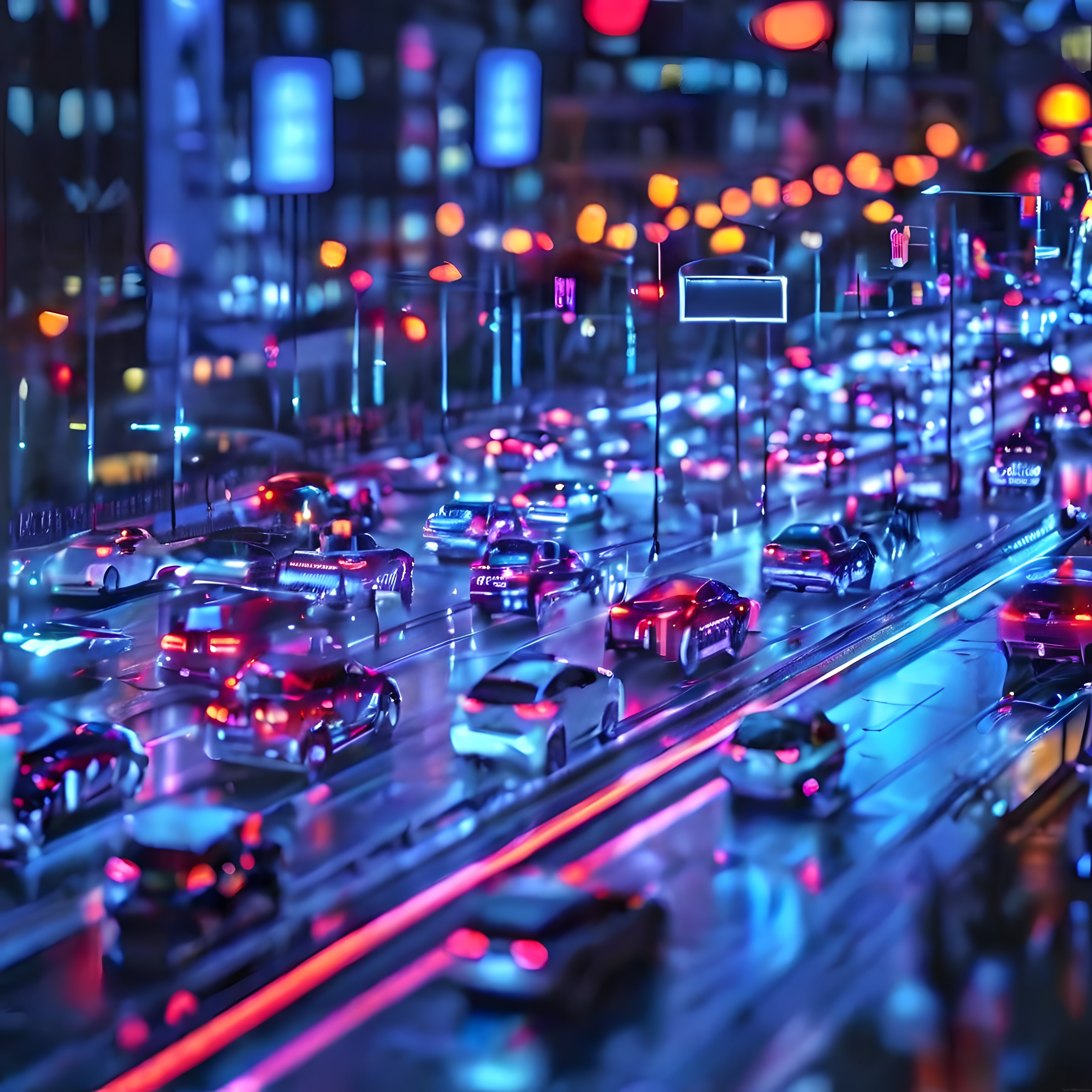 Neon Işıklarla Aydınlanan Yağmurlu Gecede Şehir Caddesi ve Trafik Manzarası