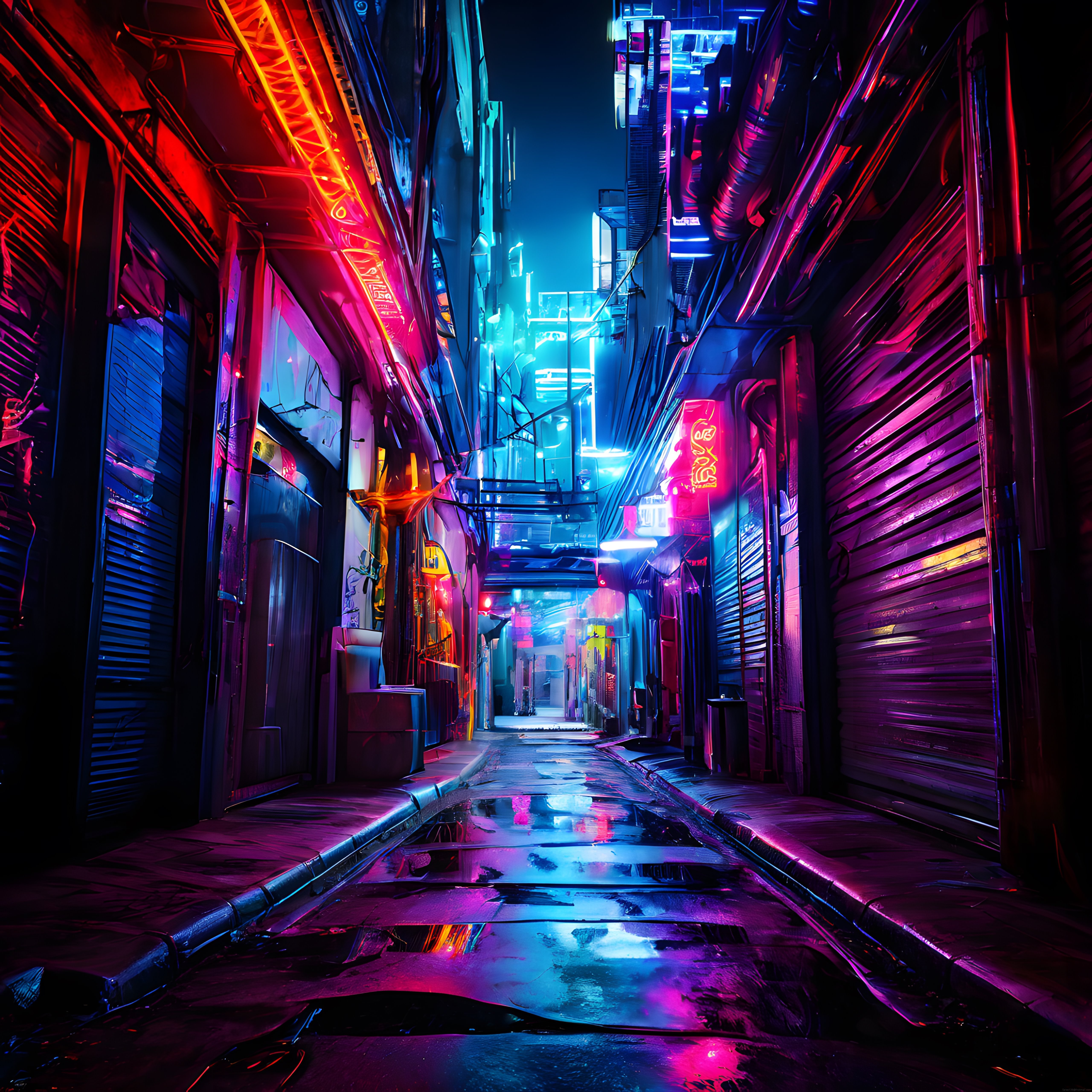 Neon Işıklarla Aydınlanmış Cyberpunk Dar Şerit Sokak Atmosferi