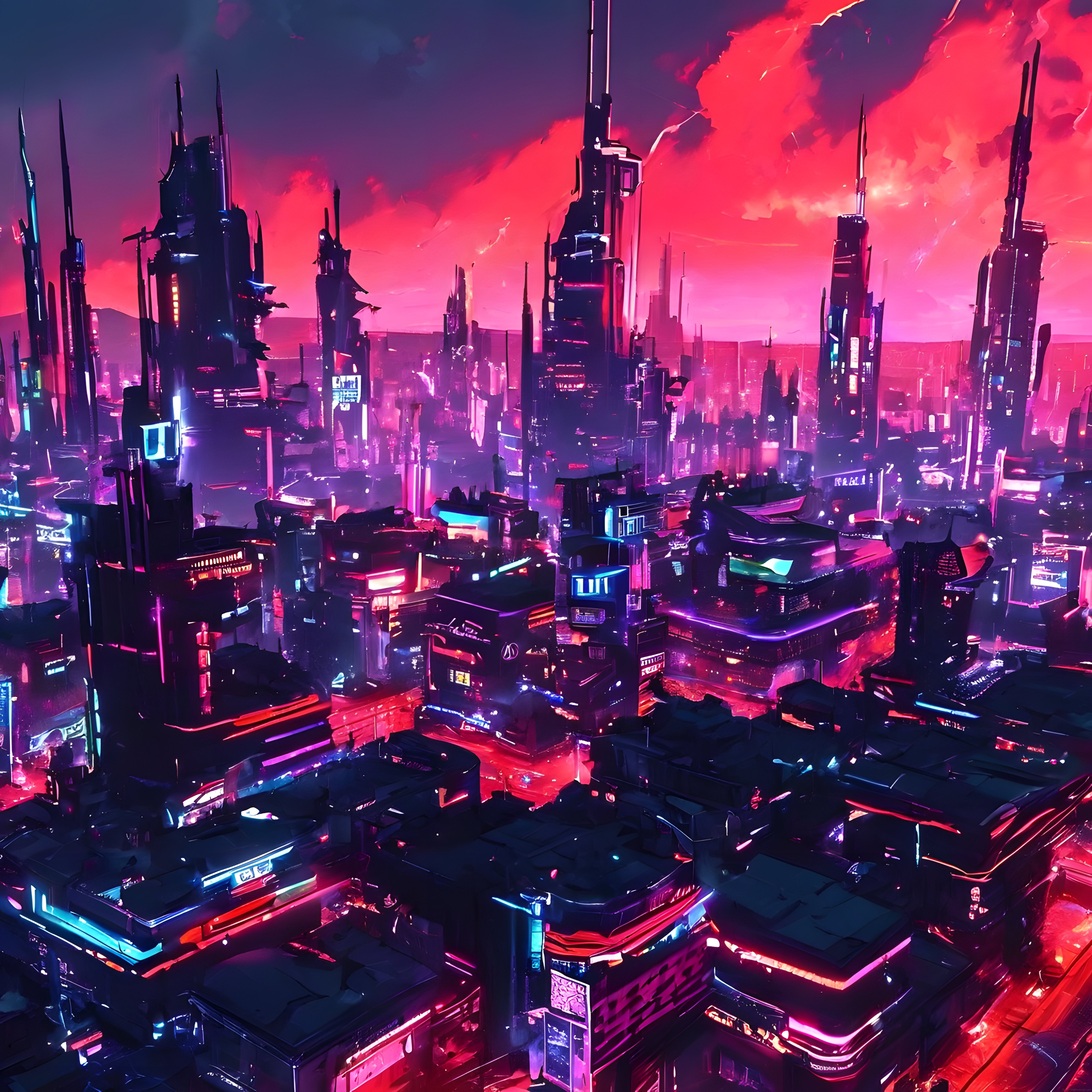 Neon Işıklarla Aydınlanmış Cyberpunk Gelecek Şehir Manzarası