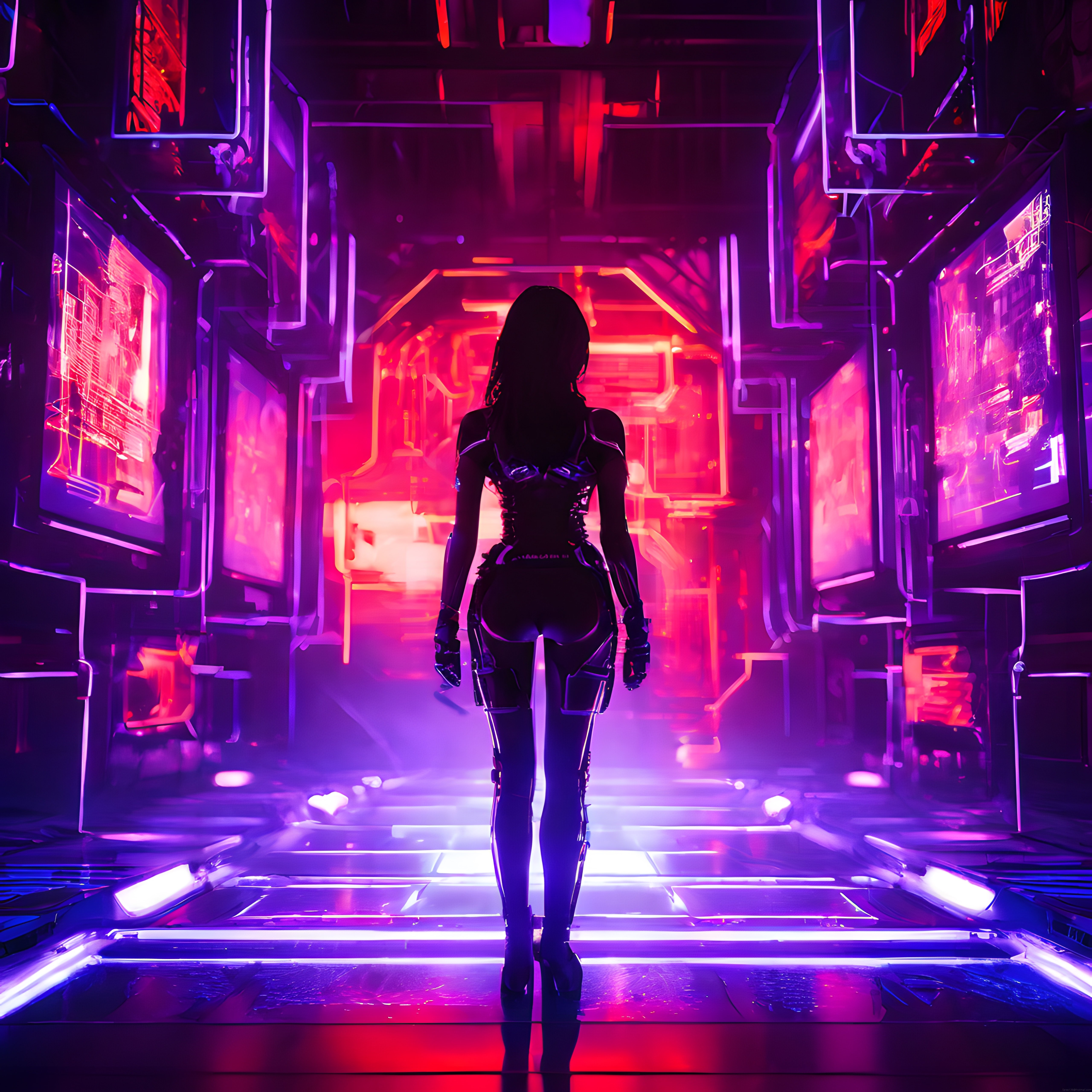 Neon Işıklarla Aydınlanmış Cyberpunk Koridorda Gizemli Kadın Silueti