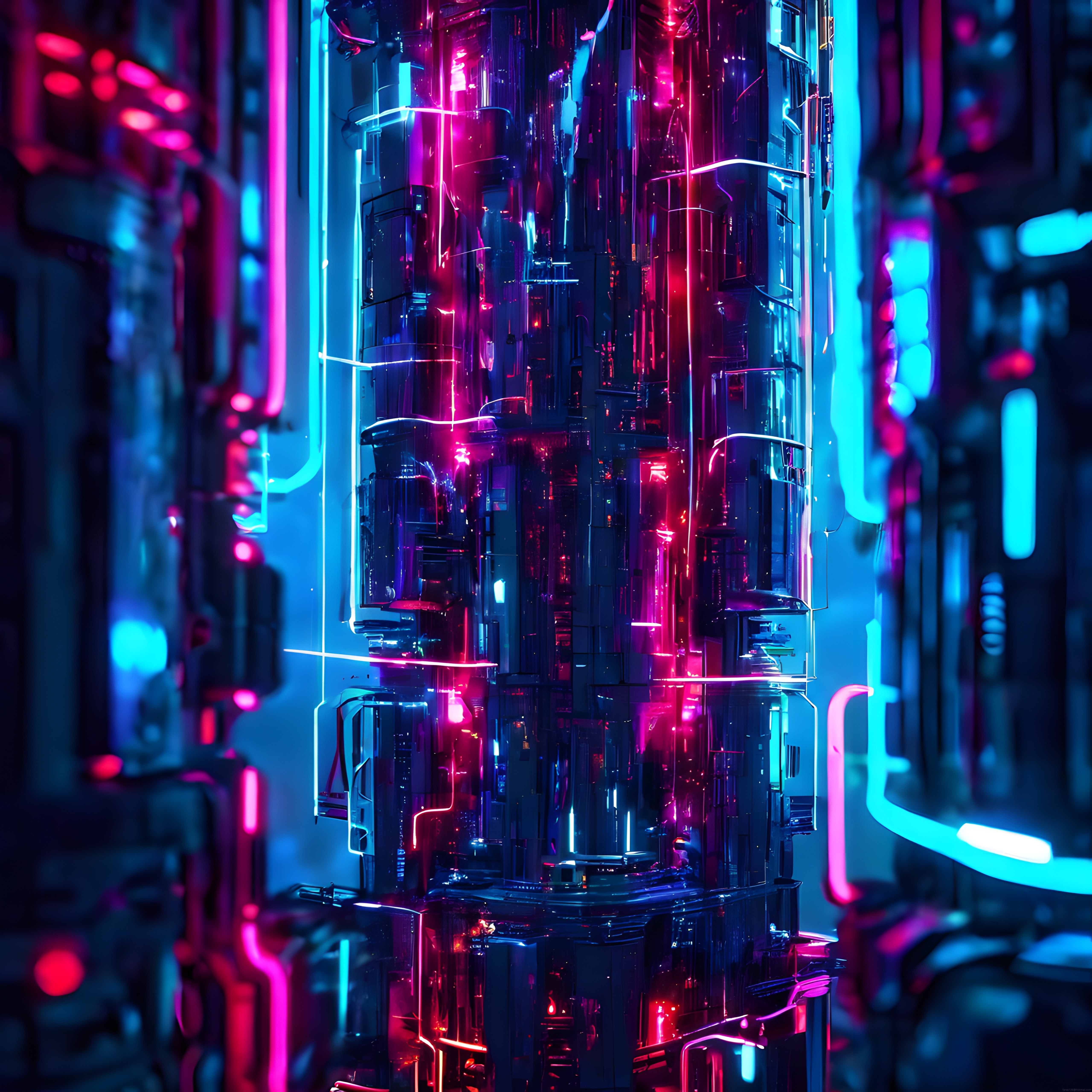 Neon Işıklarla Aydınlanmış Cyberpunk Kule ve Geleceğin Dijital Metropolü