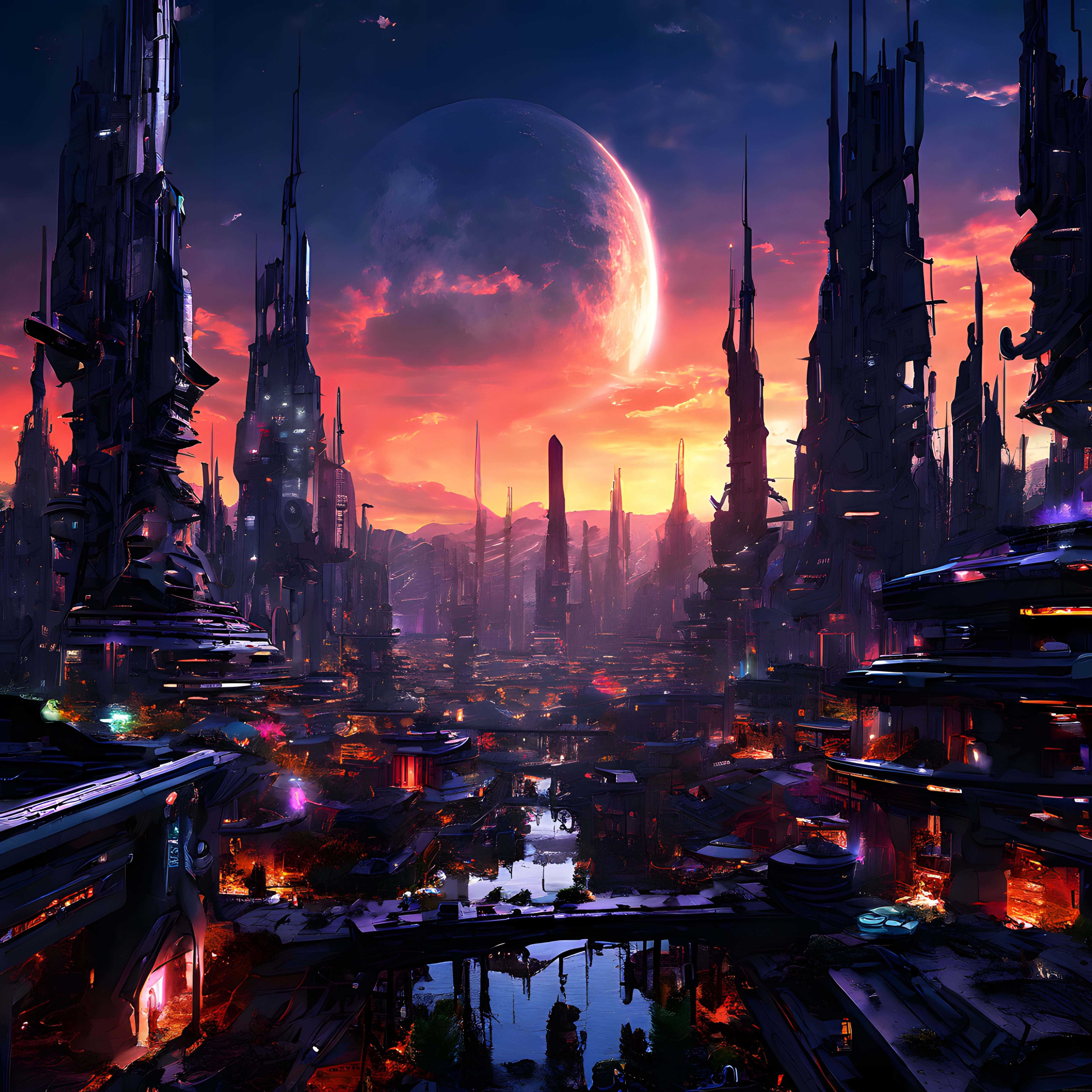 Neon Işıklarla Aydınlanmış Cyberpunk Metropol ve Gökteki Dev Küre