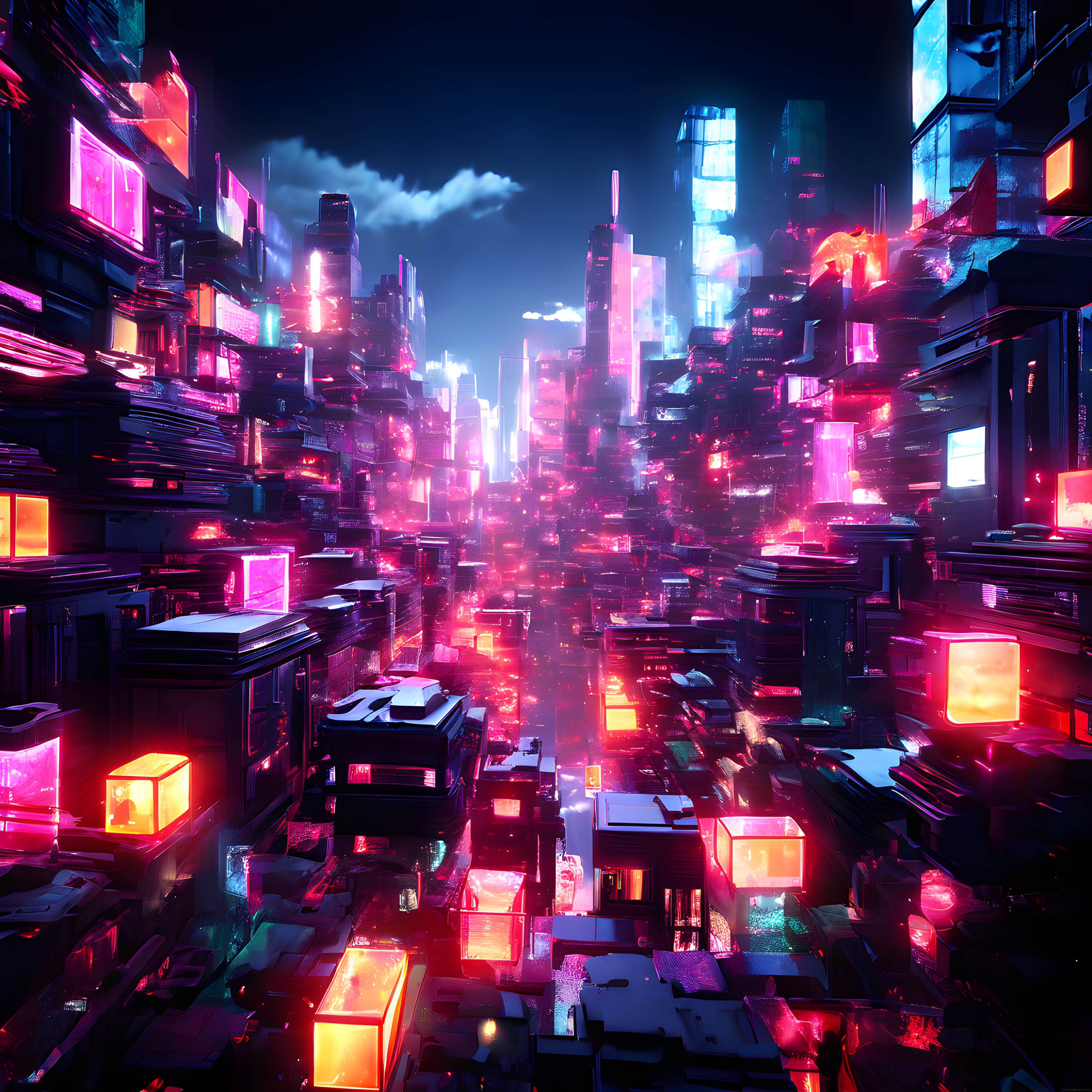 Neon Işıklarla Aydınlanmış Cyberpunk Şehir Manzarası ve Geleceğin Metropolü